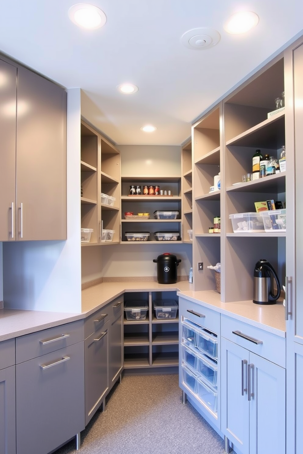 A garage pantry designed with sleek cabinetry and open shelving creates an organized and functional space. The walls are painted in a soft gray, and recessed lighting illuminates the area, providing a modern ambiance. The pantry features a combination of pull-out drawers and clear storage bins for easy access to frequently used items. A small countertop area is included for meal prep, enhancing the overall efficiency of the design.