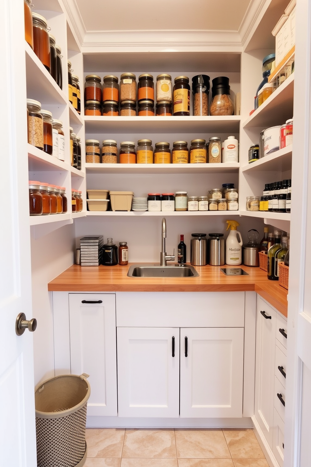 A functional pantry with a small prep sink is designed for efficiency and convenience. Shelving units are lined with neatly organized jars and containers, creating a clean and inviting space. The walls are painted in a light, airy color to enhance brightness, while the floor features durable tiles for easy maintenance. A wooden countertop extends over the sink area, providing ample space for meal prep and additional storage beneath.