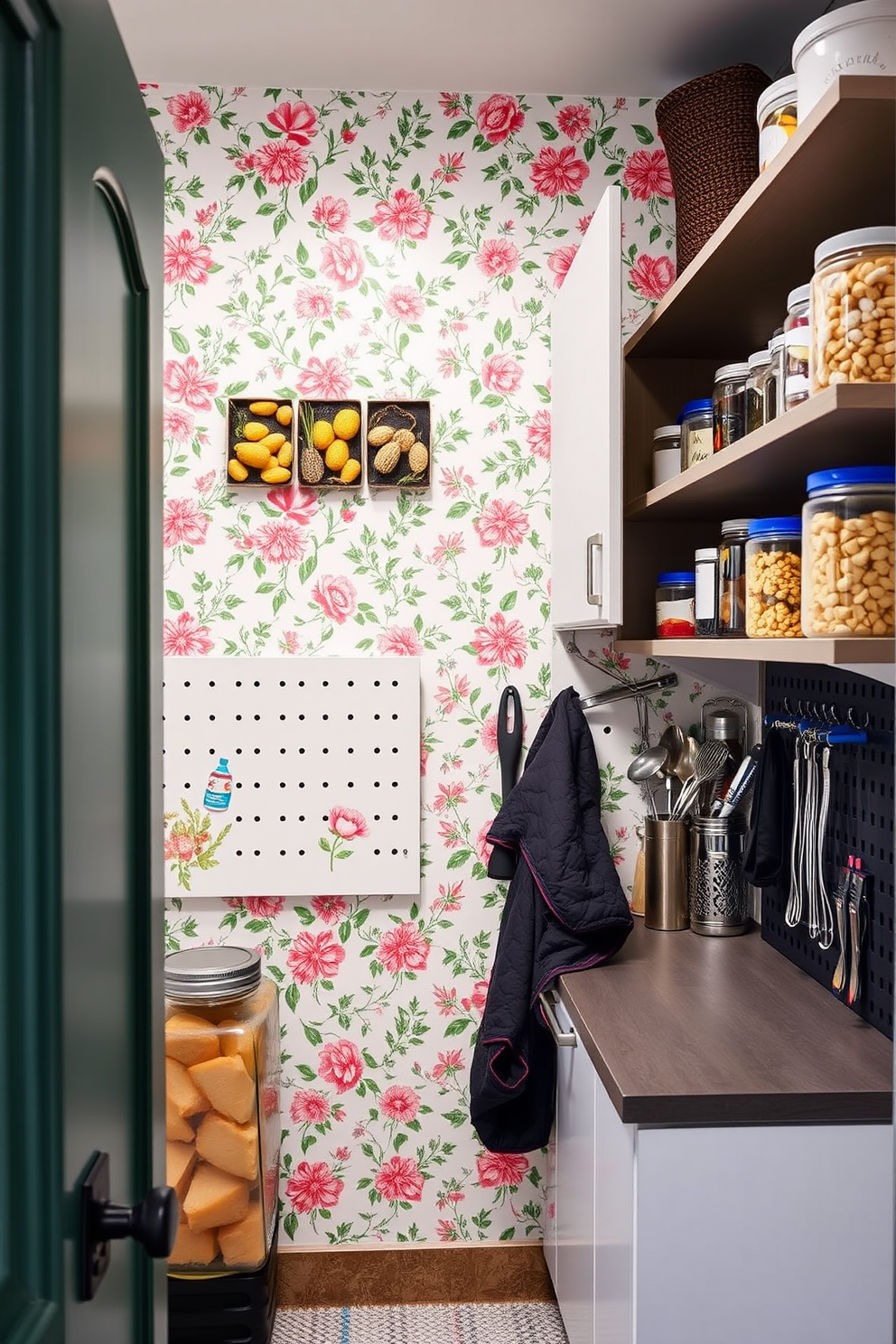 A cozy garage pantry featuring decorative wallpaper that adds a personal touch. The walls are adorned with a vibrant floral pattern, while open shelving displays neatly organized jars and containers. A functional layout includes a small countertop for meal prep and a pegboard for hanging utensils. Soft lighting highlights the charming wallpaper, creating an inviting atmosphere in the space.