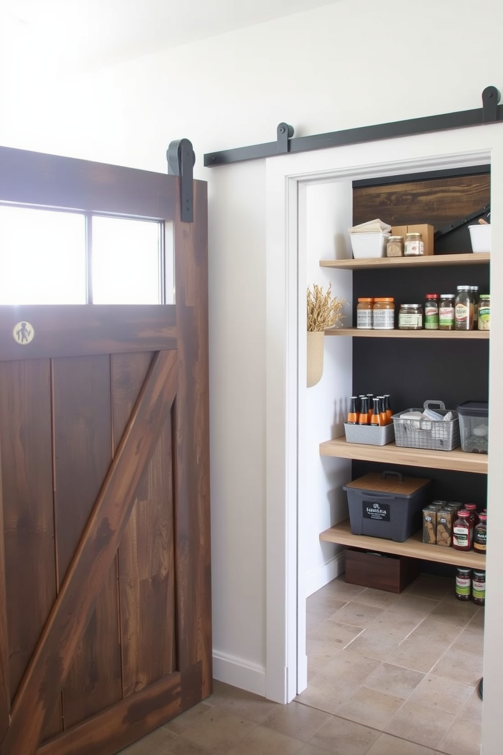 A sliding barn door adds rustic charm to the space while providing a functional entrance. The garage pantry features open shelving made of reclaimed wood and a chalkboard wall for easy organization.