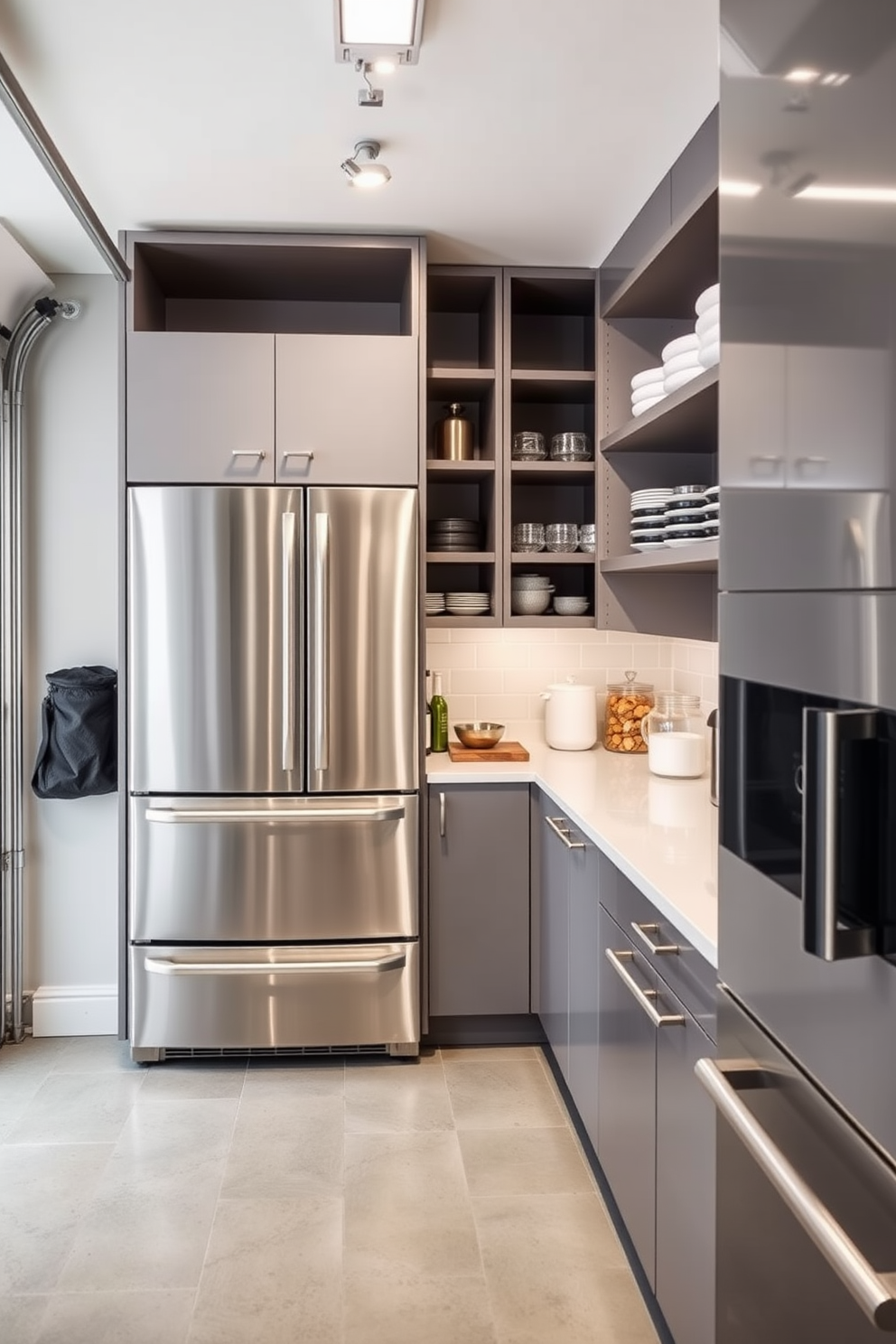 A modern garage pantry featuring stainless steel appliances for a sleek and contemporary look. The space includes open shelving on one side and a countertop for meal prep, creating an efficient and stylish storage solution.