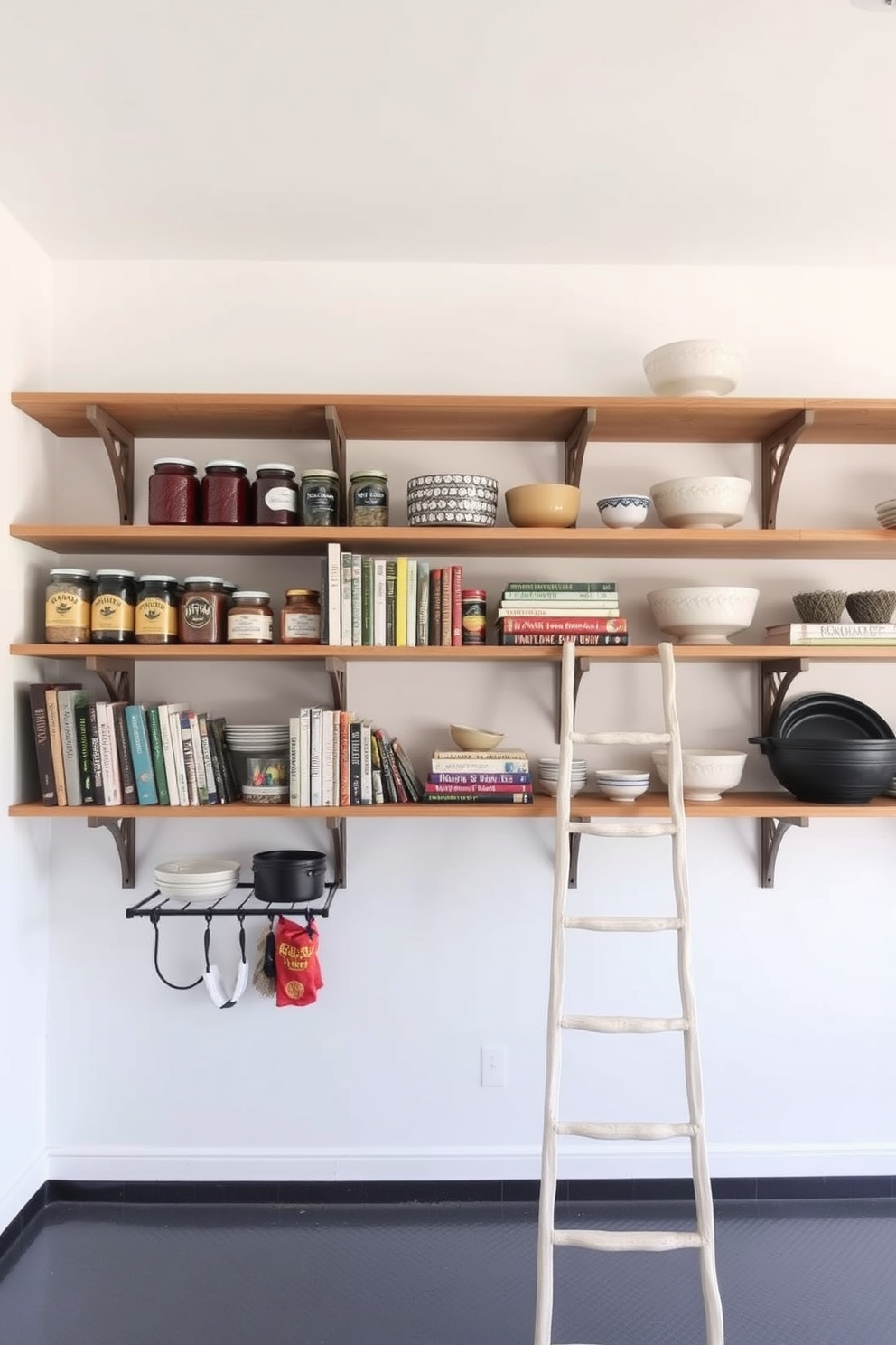 A modern garage pantry featuring utilitarian metal shelves that provide durability and efficient storage solutions. The shelves are neatly organized with labeled bins and jars, showcasing a minimalist aesthetic that maximizes space and functionality.