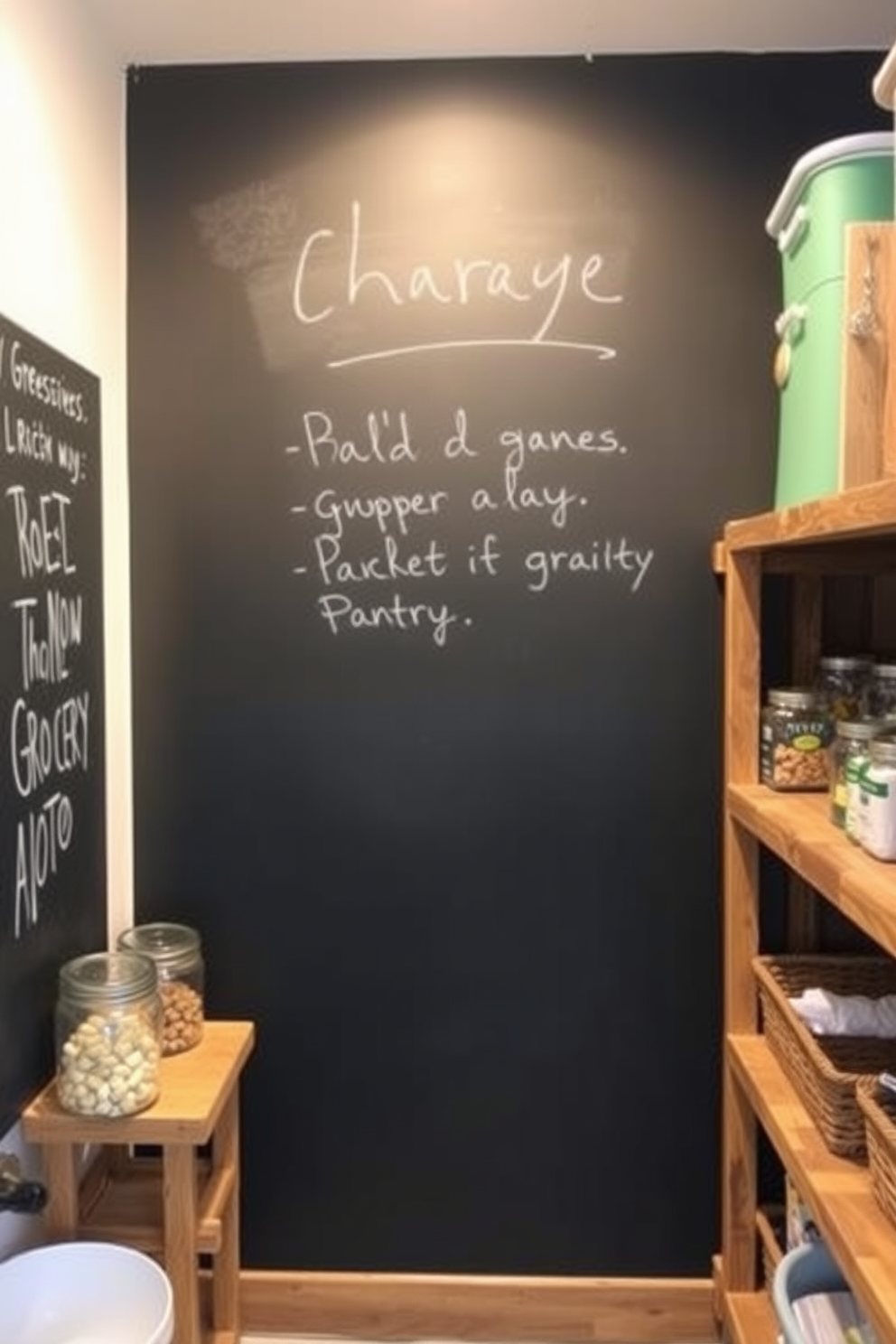 A chalkboard wall serves as a functional and stylish feature in the garage pantry. It allows for easy writing of grocery lists while adding a creative touch to the space. The pantry is designed with open shelving made of reclaimed wood, providing ample storage for jars and baskets. Soft, warm lighting illuminates the area, creating an inviting atmosphere for organizing supplies.