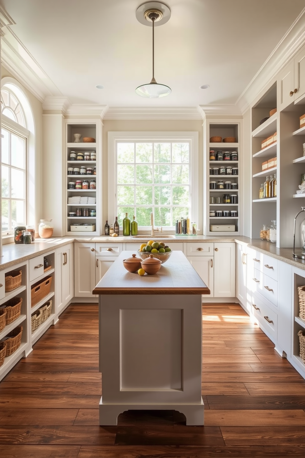 A spacious pantry with a large window allowing natural light to flood the room. The shelves are filled with neatly organized jars and containers, creating a warm and inviting atmosphere. The floor features rustic wooden planks, complementing the white cabinetry that lines the walls. A small island in the center provides additional storage and workspace, enhancing the functionality of the space.