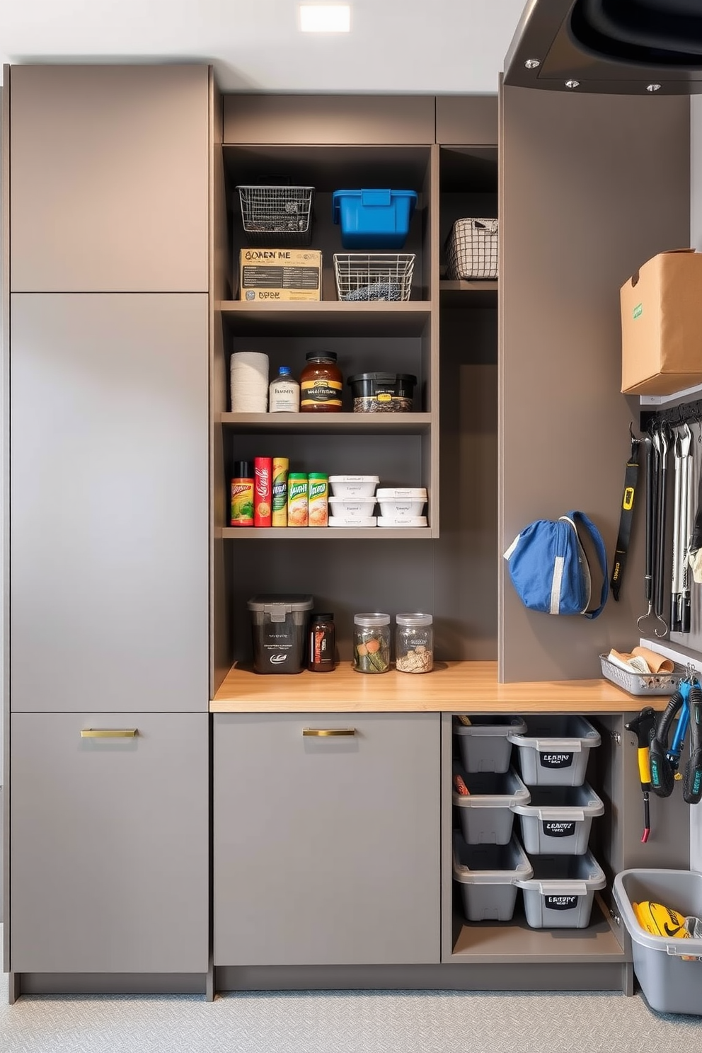 A tall pantry designed to maximize vertical space features sleek cabinetry that reaches the ceiling. Open shelving is incorporated for easy access to frequently used items, while the lower cabinets provide hidden storage for bulk supplies. The garage pantry design includes durable materials to withstand varying temperatures and humidity. A combination of hooks and bins is used to keep tools and supplies organized, ensuring a functional yet stylish space.