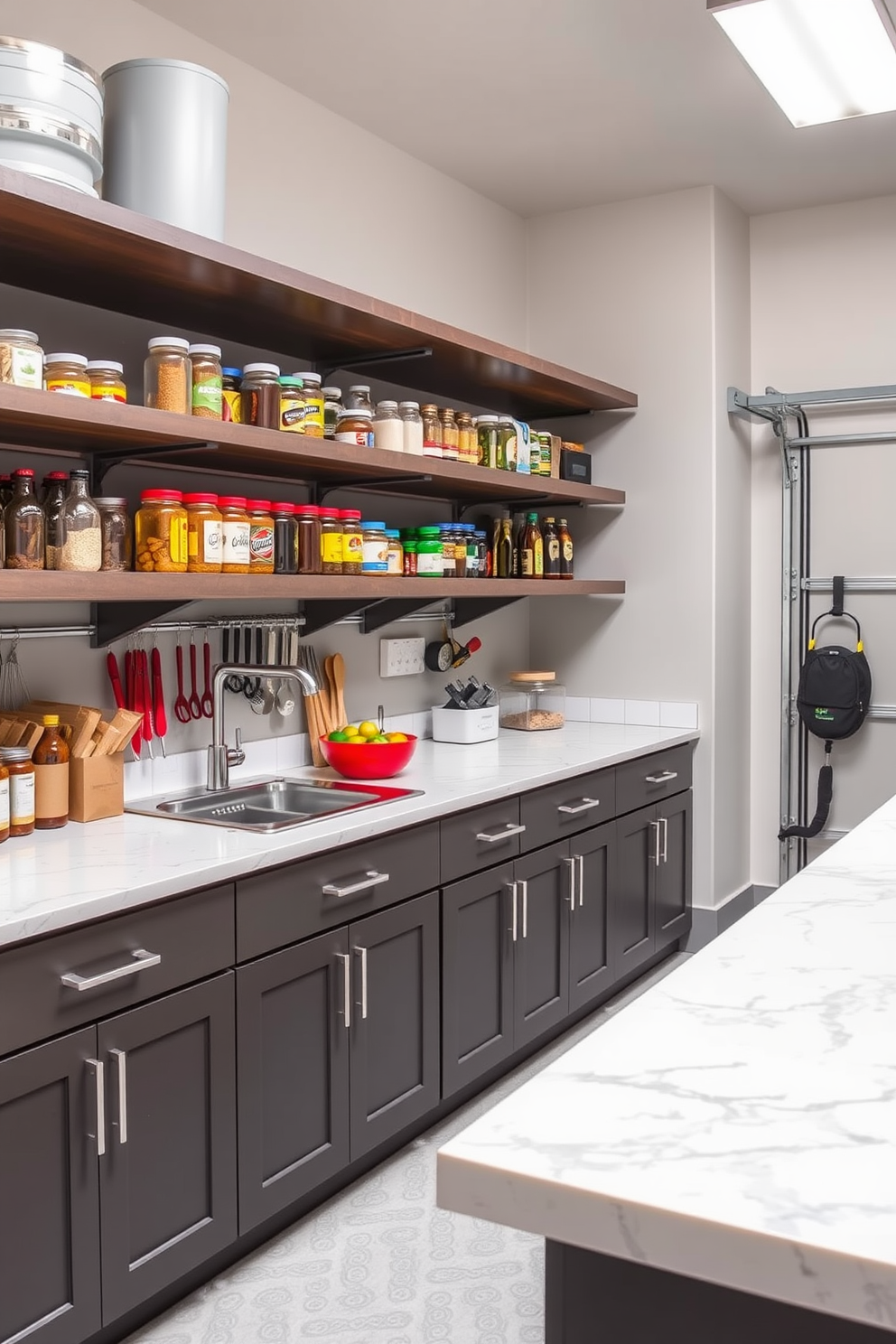 A spacious garage pantry with ample countertop space designed for meal prep. The countertops are made of durable quartz, providing a clean and modern look, while open shelving above displays neatly organized jars and ingredients.