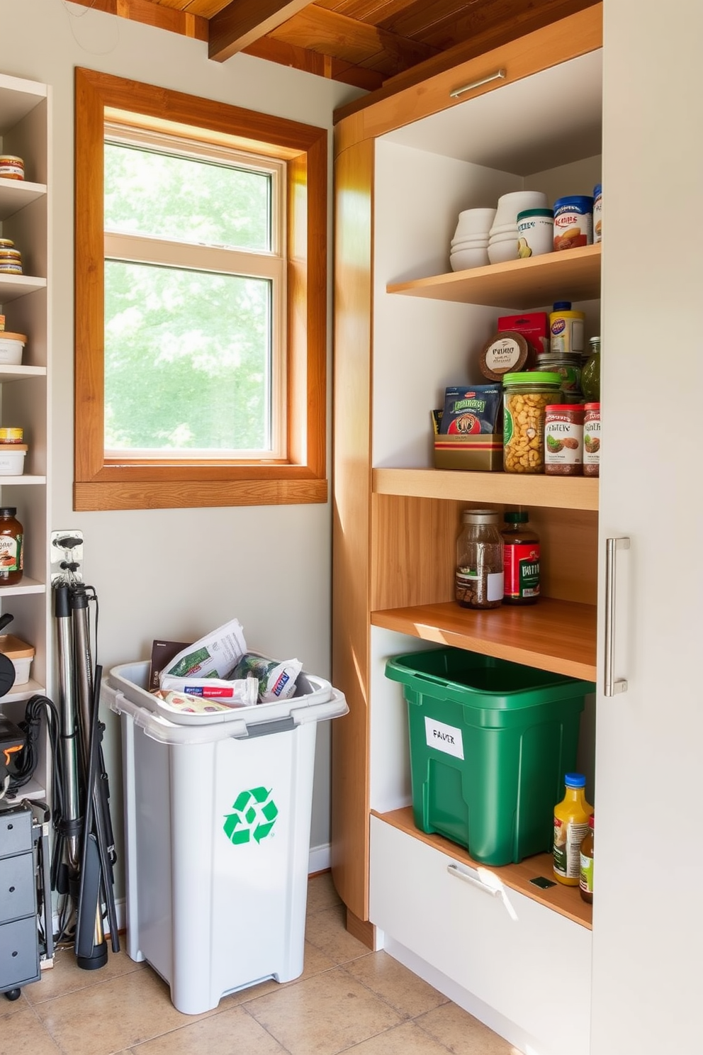 A functional garage pantry with integrated recycling and compost bins. The design features sleek cabinetry that conceals the bins while providing ample storage for pantry items. The space is organized with labeled containers for easy access and a clean aesthetic. Natural light filters through a window, enhancing the warm tones of the wood and the vibrant colors of the contents inside.