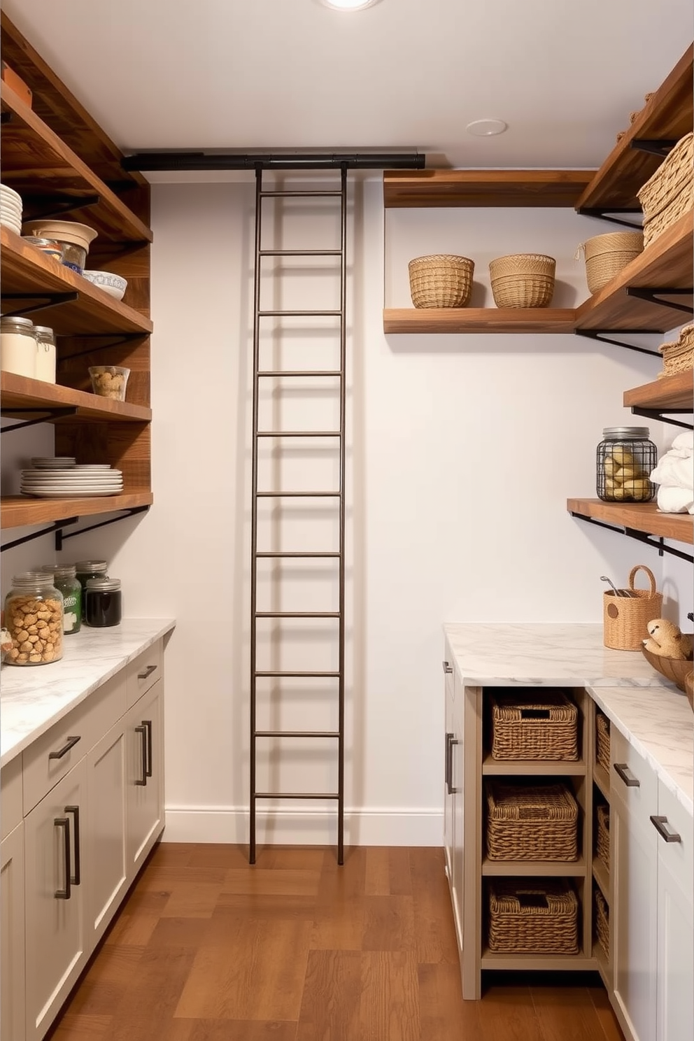 A stylish pantry featuring a sliding ladder for easy access to high shelves. The design incorporates open shelving made of reclaimed wood and sleek metal brackets, creating a modern yet rustic look. Incorporate a central island with additional storage and a marble countertop for food preparation. The walls are painted in a soft neutral color, complemented by decorative jars and baskets that add a touch of warmth and organization.