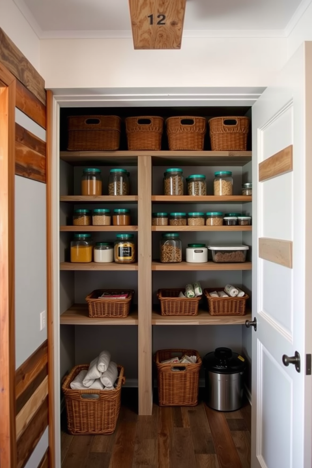 A cozy garage pantry design featuring rustic wood accents that add warmth and texture. The pantry includes open shelving made from reclaimed wood, showcasing neatly organized jars and baskets filled with dry goods.