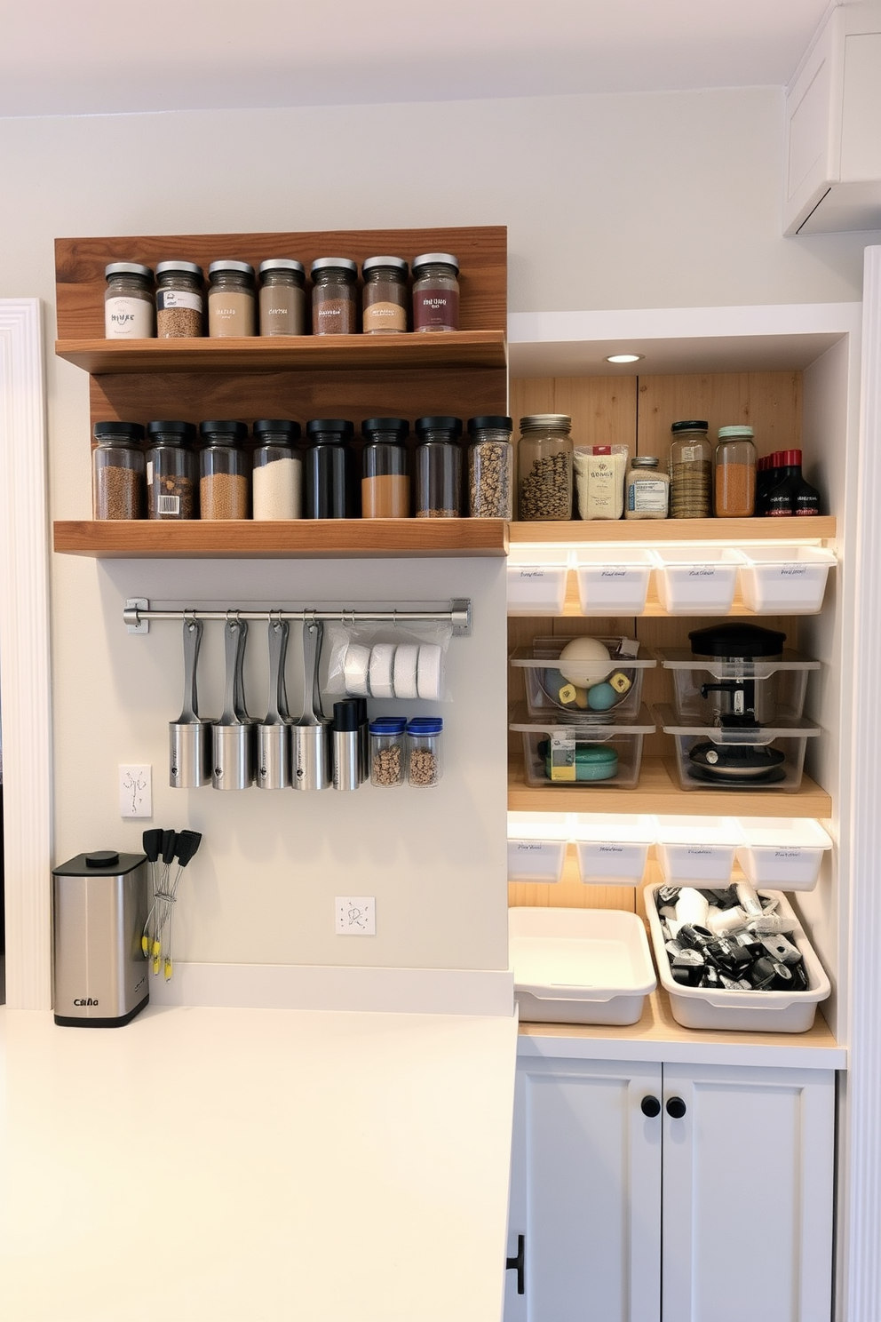 A sleek garage pantry featuring built-in cabinetry that blends effortlessly with the surrounding walls. The cabinetry is finished in a soft white hue with brushed nickel hardware, providing ample storage for tools and pantry essentials. The design incorporates open shelving above the cabinetry for easy access to frequently used items. A compact countertop area is included for organization and prep work, enhancing the functionality of the space.