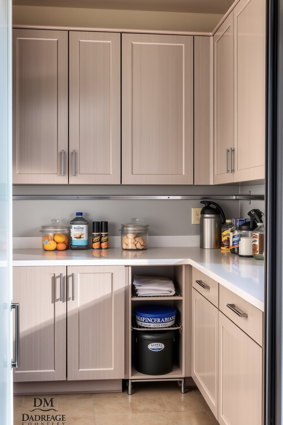 A functional garage pantry designed with easy-to-clean surfaces for practicality. The cabinetry features smooth laminate finishes and the countertops are made of durable quartz, ensuring effortless maintenance.