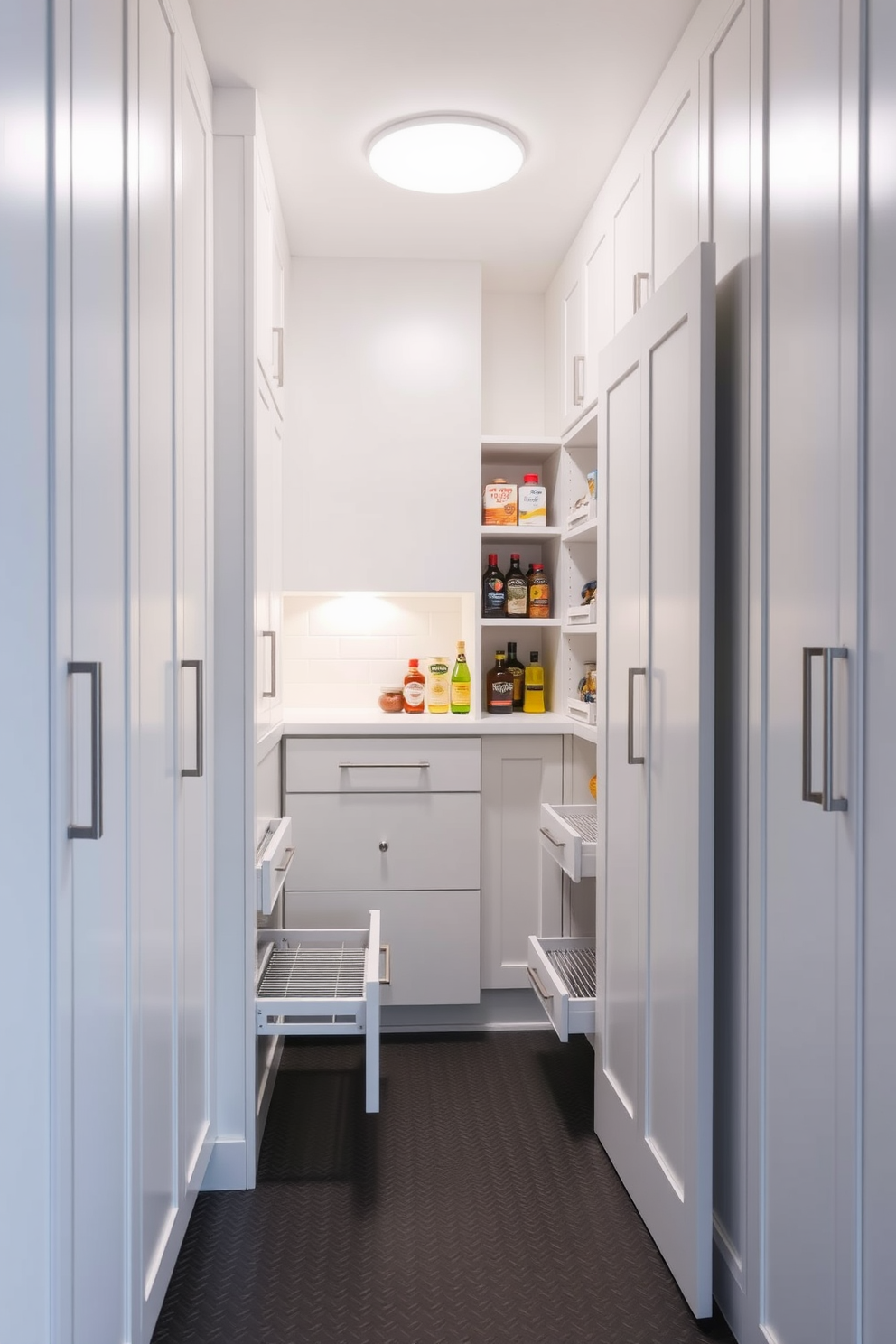 A sleek garage pantry design featuring built-in cabinets that offer a streamlined look. The cabinets are finished in a crisp white, providing a bright and airy feel while maximizing storage space. The pantry includes pull-out shelves and organized compartments for easy access to items. A subtle backsplash adds a touch of elegance, complementing the overall clean aesthetic.