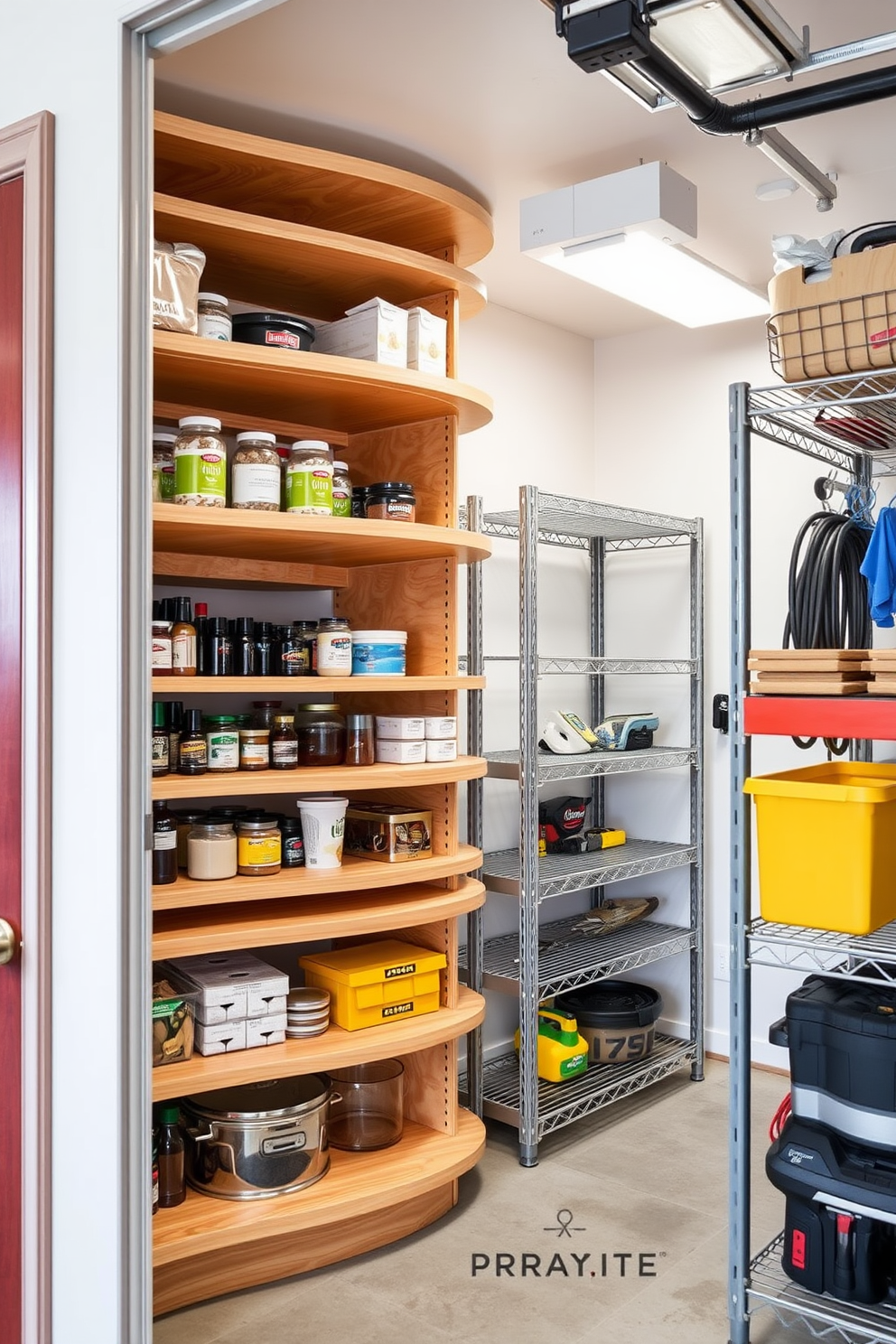 A corner pantry with rotating shelves that maximizes space efficiency and organization. The shelves are crafted from natural wood, allowing easy access to stored items and creating a warm, inviting atmosphere. The garage pantry features sturdy metal shelving units designed for heavy-duty storage. Bright overhead lighting illuminates the area, enhancing visibility and making it easy to find tools and supplies.