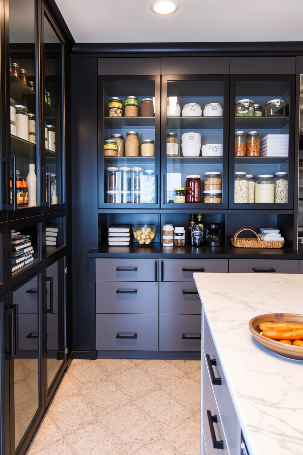 A spacious garage pantry featuring glass-front cabinets that showcase neatly organized jars and containers. The cabinets are framed with sleek black hardware and complemented by a marble countertop for food prep.