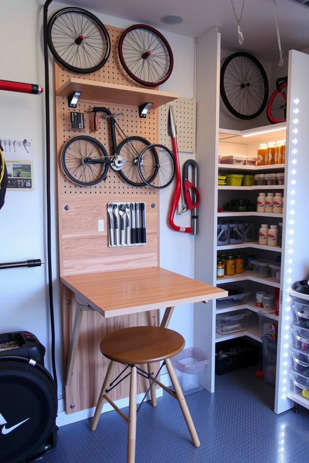 A fold-down table is mounted on the wall, providing a sleek and functional workspace that can be easily tucked away when not in use. The table features a natural wood finish with clean lines, complemented by a stylish chair that can be stored underneath. The garage is designed with efficient storage solutions, featuring wall-mounted shelves and pegboards for tools and equipment. A designated area for bikes and outdoor gear ensures everything has its place while maintaining an organized and spacious feel. The pantry is equipped with pull-out shelves and clear storage bins for easy access to ingredients. Soft LED lighting illuminates the space, highlighting the neatly arranged jars and creating an inviting atmosphere.