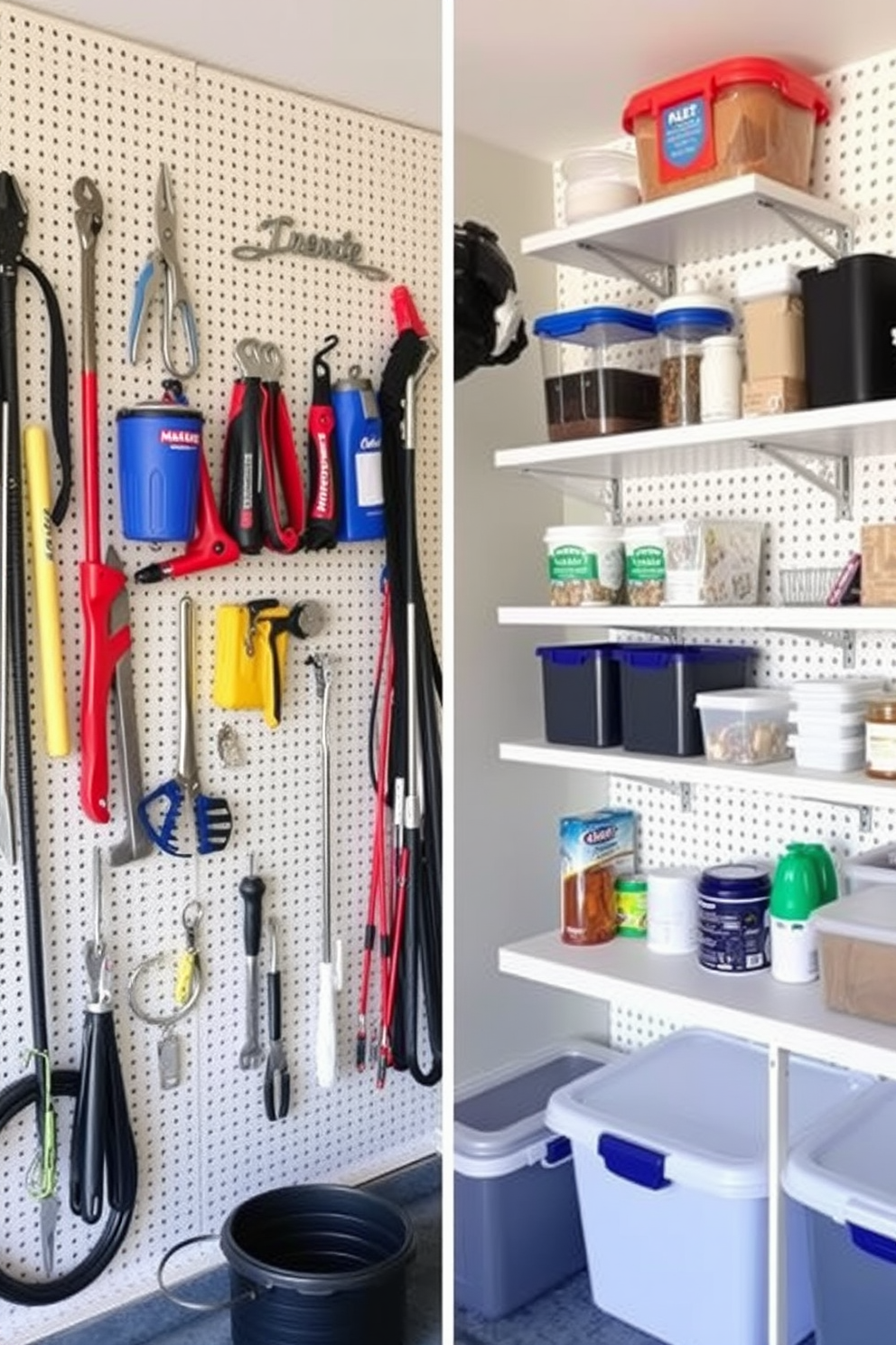 A pegboard is mounted on the garage wall, featuring an array of hooks, shelves, and containers for customizable tool storage. Various tools are neatly organized and easily accessible, creating a functional and efficient workspace. The pantry design incorporates open shelving and labeled containers for a clean and organized look. A combination of wood and metal elements adds a modern touch while maximizing storage space for food and kitchen essentials.