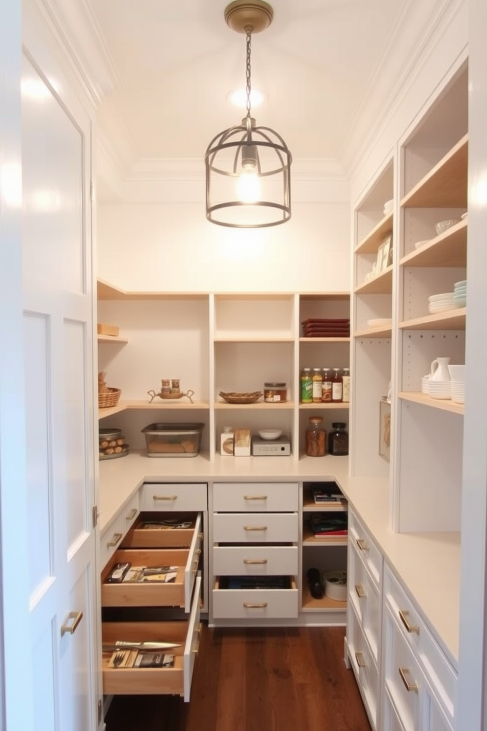 A spacious pantry featuring pull-out drawers for easy access and organization. The design includes open shelving above the drawers, allowing for both storage and display of pantry essentials. The walls are painted in a soft white hue, creating a bright and inviting atmosphere. A stylish light fixture hangs from the ceiling, illuminating the space and enhancing its functionality.