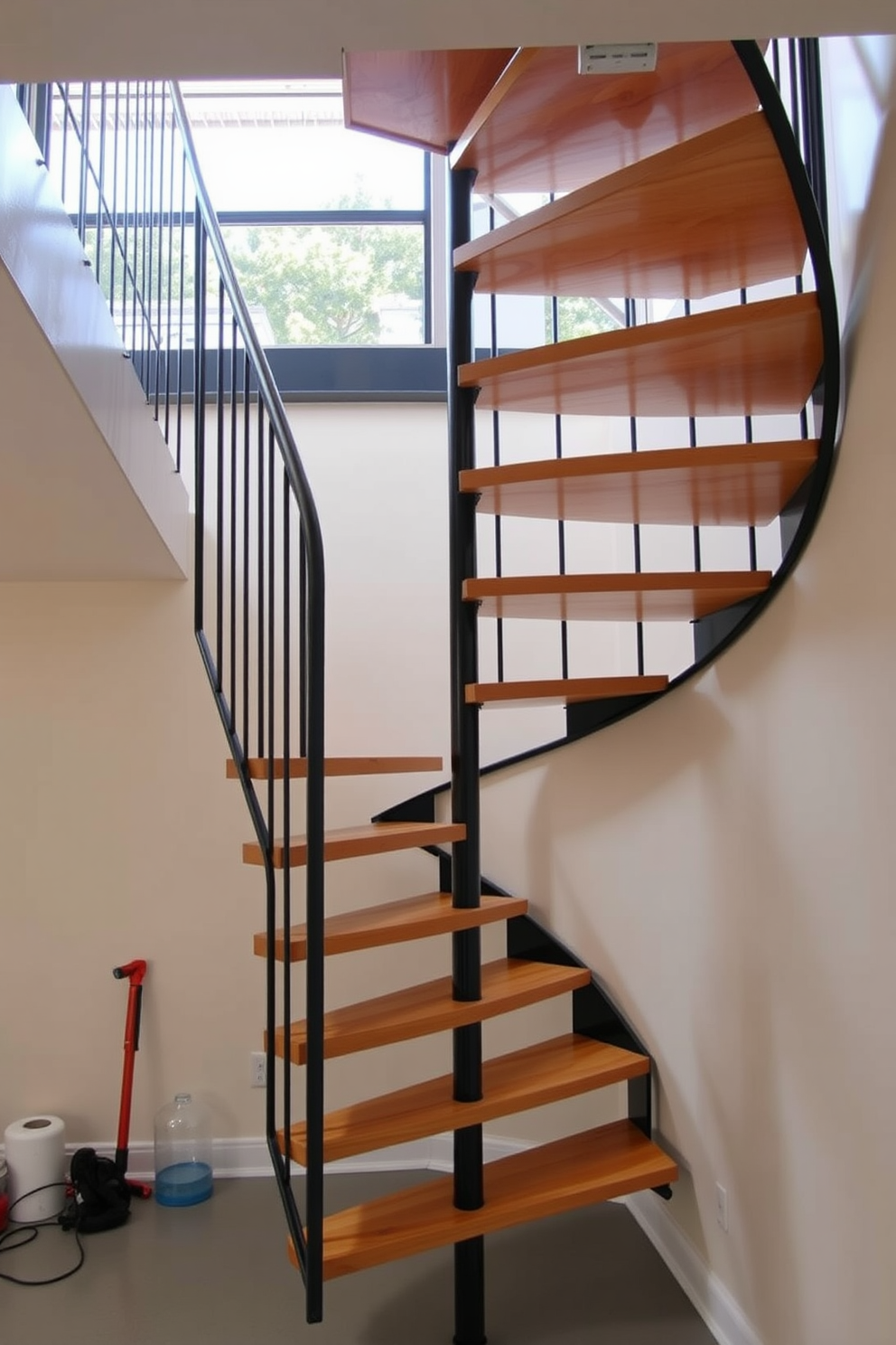 A sleek spiral staircase designed for compact spaces features a metal frame with wooden treads that elegantly wind upward. The design maximizes vertical space while maintaining a contemporary aesthetic, perfect for modern homes. The garage staircase design incorporates durable materials and a functional layout, ensuring safety and accessibility. This staircase seamlessly connects the garage to the main living area, enhancing the overall flow of the home.