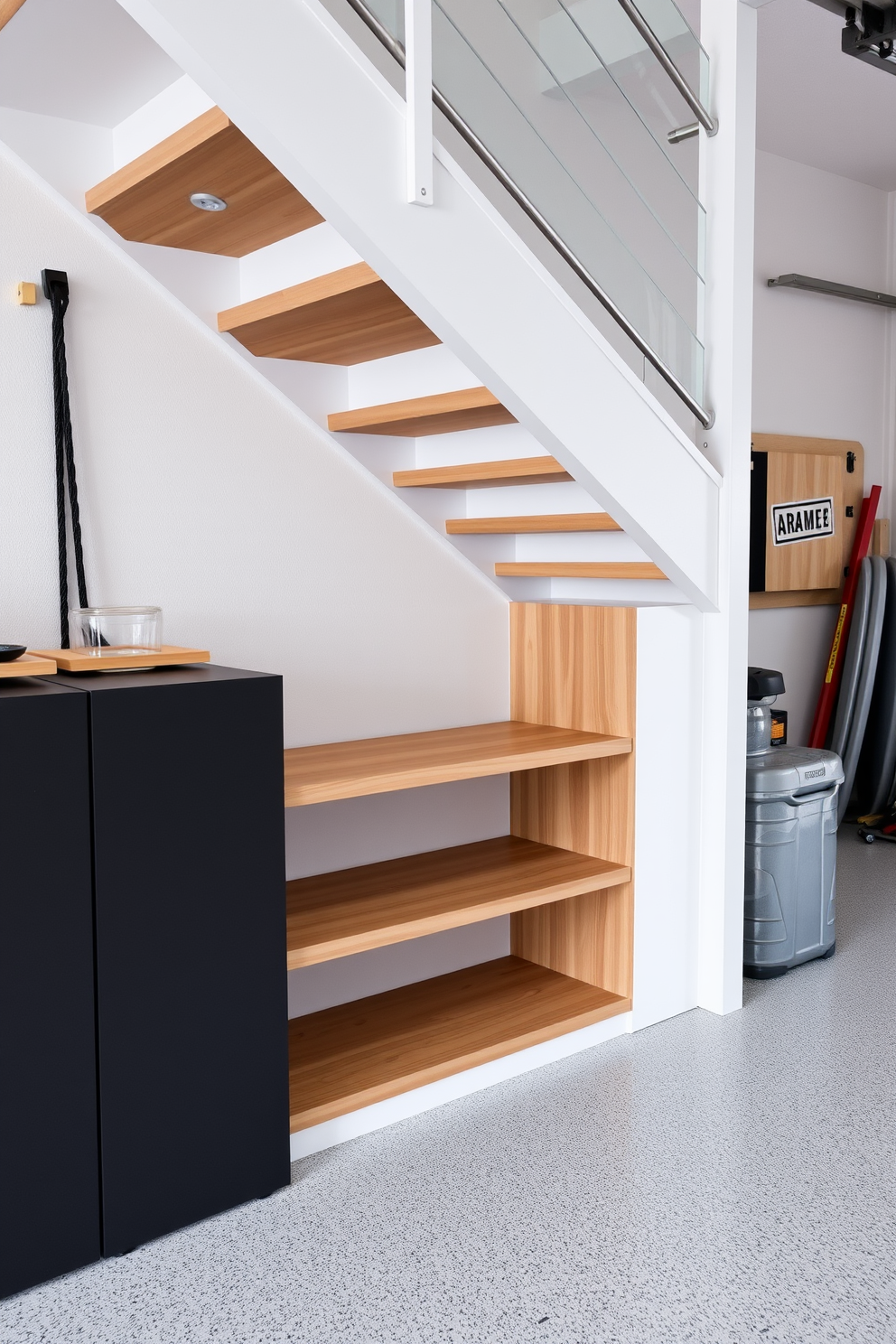 A modern garage staircase with built-in shelving seamlessly integrated beneath the steps. The shelves are crafted from sleek wood, showcasing a minimalist design that complements the surrounding space.