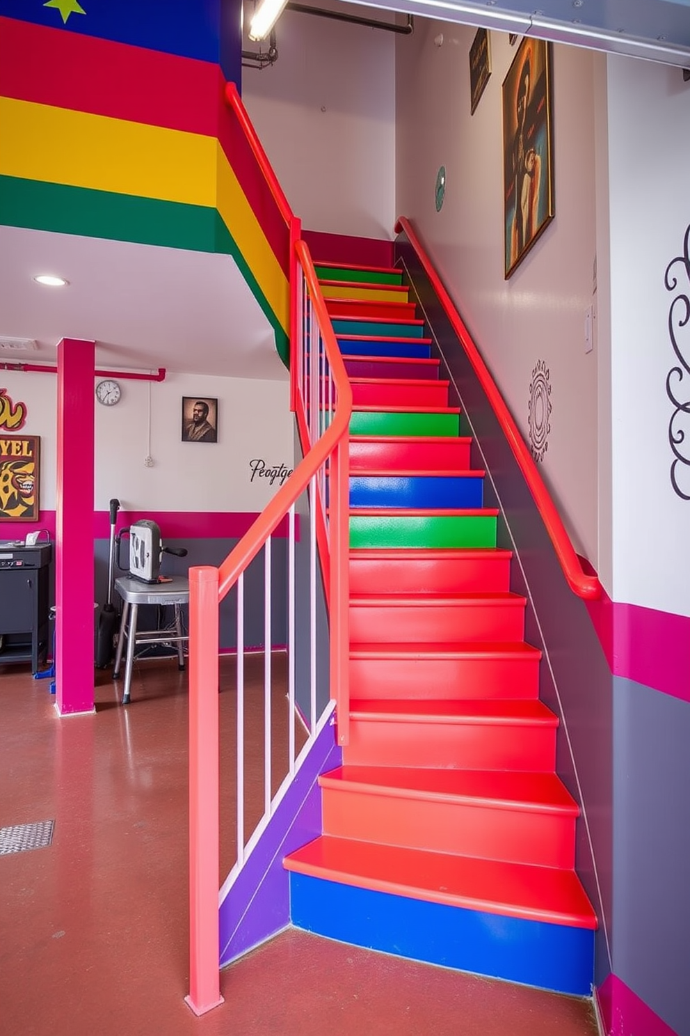 Brightly painted stairs with a vibrant color scheme, showcasing a mix of bold hues that create an energetic atmosphere. The staircase features a sleek railing and is adorned with decorative artwork along the walls, enhancing the overall aesthetic of the garage space.