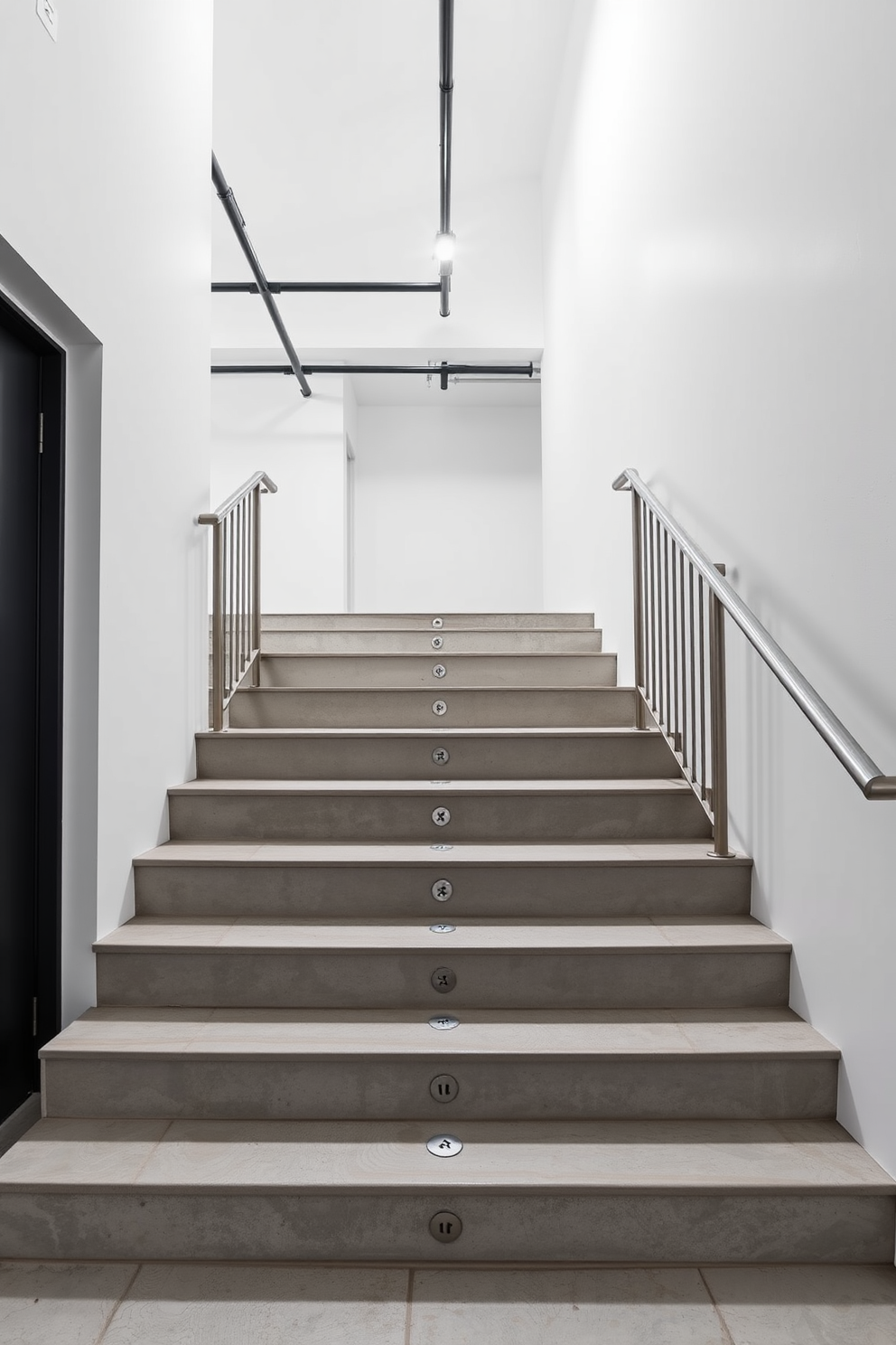 Concrete steps lead up to a sleek and modern garage space featuring minimalist design elements. The staircase showcases a blend of raw concrete and polished metal railings, creating a striking contrast against the white walls.