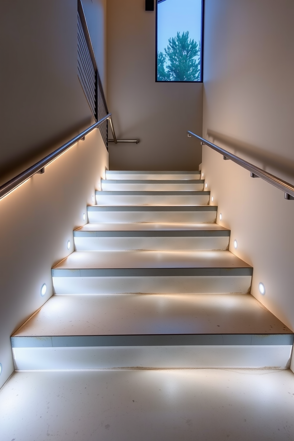 A modern garage staircase with integrated lighting features. The steps are made of polished concrete, illuminated by subtle LED strips that run along the edges. The walls are adorned with sleek metal railings and a minimalist design aesthetic. Natural light filters in through a large window, creating a warm and inviting atmosphere.