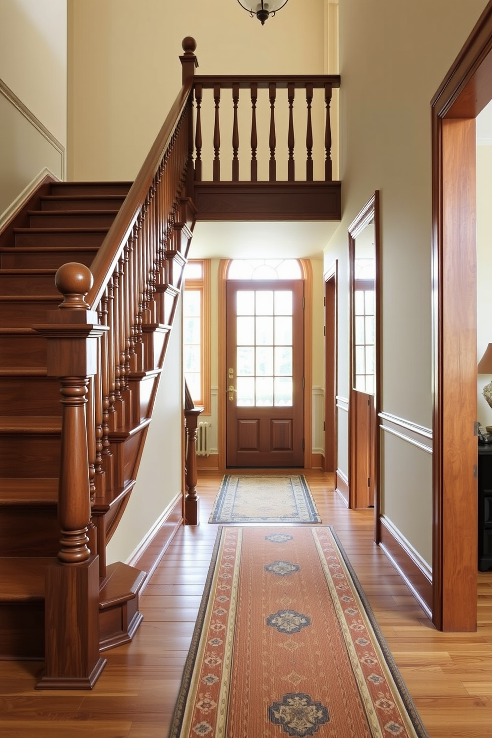 Classic wooden staircase with elegant balusters. The staircase features a rich mahogany finish and intricate carvings along the handrail, creating a timeless focal point in the entryway. The walls are adorned with soft neutral tones that complement the natural wood. A stylish runner rug adds warmth and texture, guiding guests up the inviting steps.