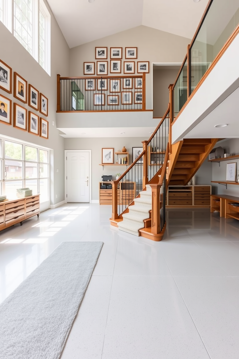 A grand staircase with elegant wooden railings and a plush runner leading up. The walls are adorned with a collection of framed artwork that adds a touch of sophistication. A spacious garage with built-in shelving and ample storage solutions. The floor features a sleek epoxy finish, and the walls are painted in a soft gray to create a clean and organized look. A modern staircase design with glass balustrades and a floating wooden staircase. Natural light floods the space through large windows, highlighting the minimalist aesthetic.