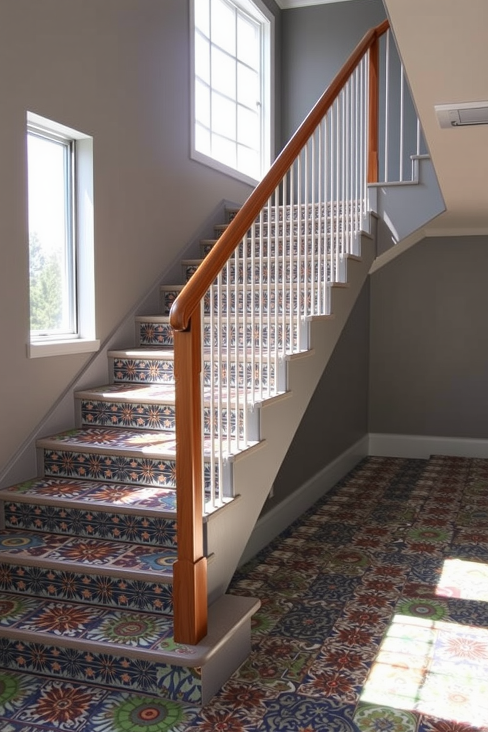 A striking garage staircase features a series of elegant steps adorned with colorful patterned tiles that create a vibrant focal point. The walls are painted in a soft gray, complementing the tiles and enhancing the overall aesthetic of the space. The handrail is crafted from polished wood, providing a warm contrast to the cool tones of the tiles. Natural light floods the area through a large window, illuminating the intricate patterns and making the staircase a standout element in the garage design.