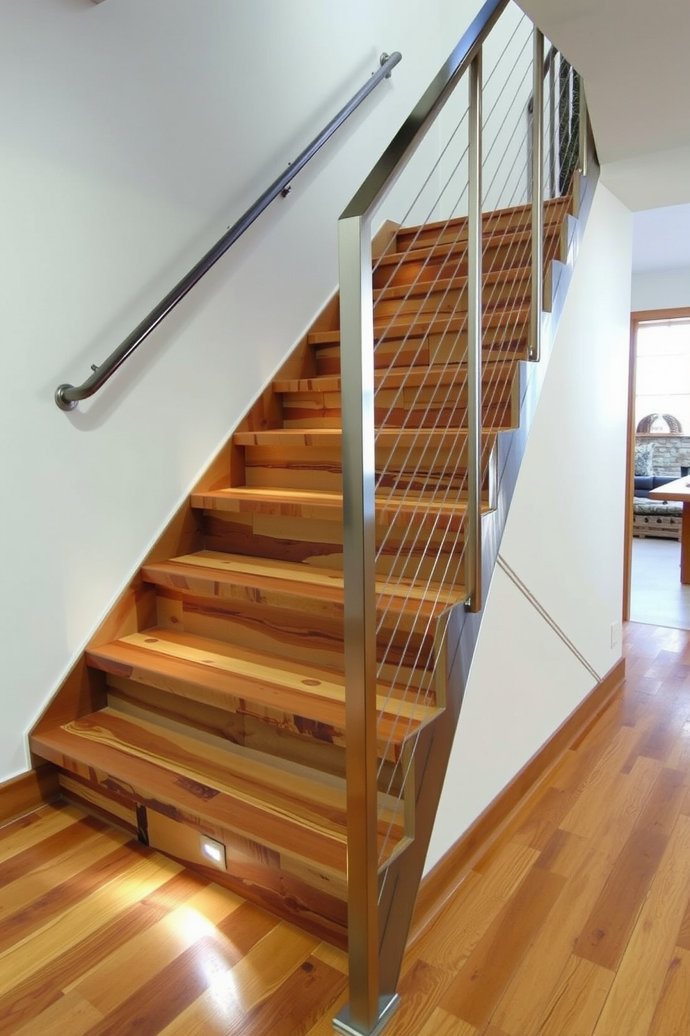 A modern staircase design featuring sleek wooden steps with a contrasting black metal handrail. The walls are painted in a light gray hue, enhancing the open feel of the space while accentuating the staircase's elegant lines. The garage staircase is designed with durable materials, combining practicality and style. Large windows beside the staircase allow natural light to flood the area, creating a welcoming atmosphere.