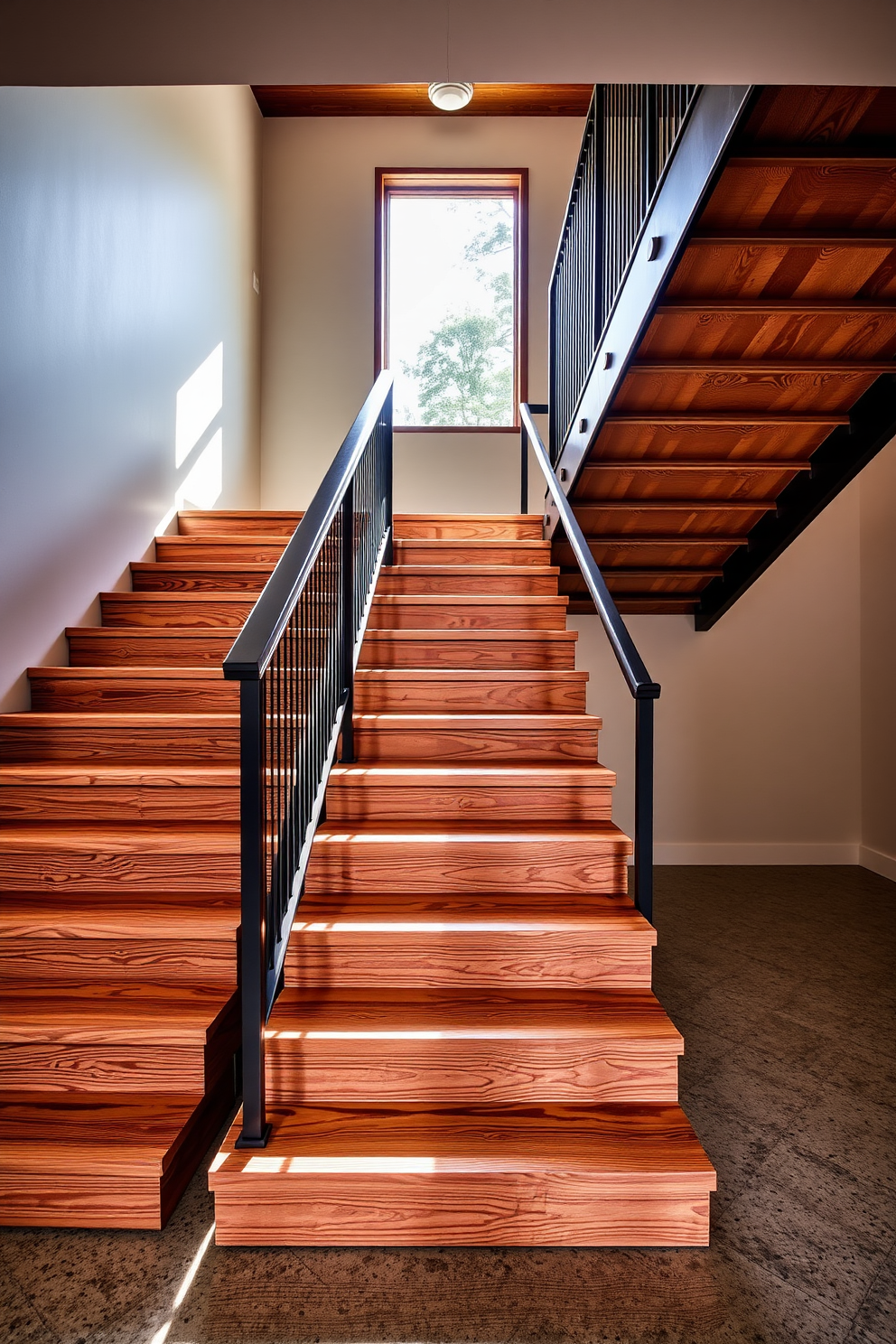 A striking garage staircase design featuring wooden steps that seamlessly blend with a sleek metal railing. The staircase is illuminated by natural light streaming in through a large window, highlighting the rich textures of the wood and the modern lines of the metal.