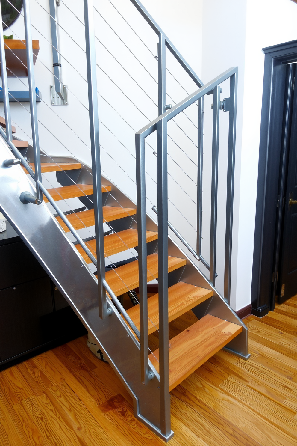 A striking metal staircase features sleek lines and sturdy construction, complemented by warm wooden treads that add an inviting touch. The design incorporates a minimalist railing that enhances the modern aesthetic while ensuring safety and functionality.