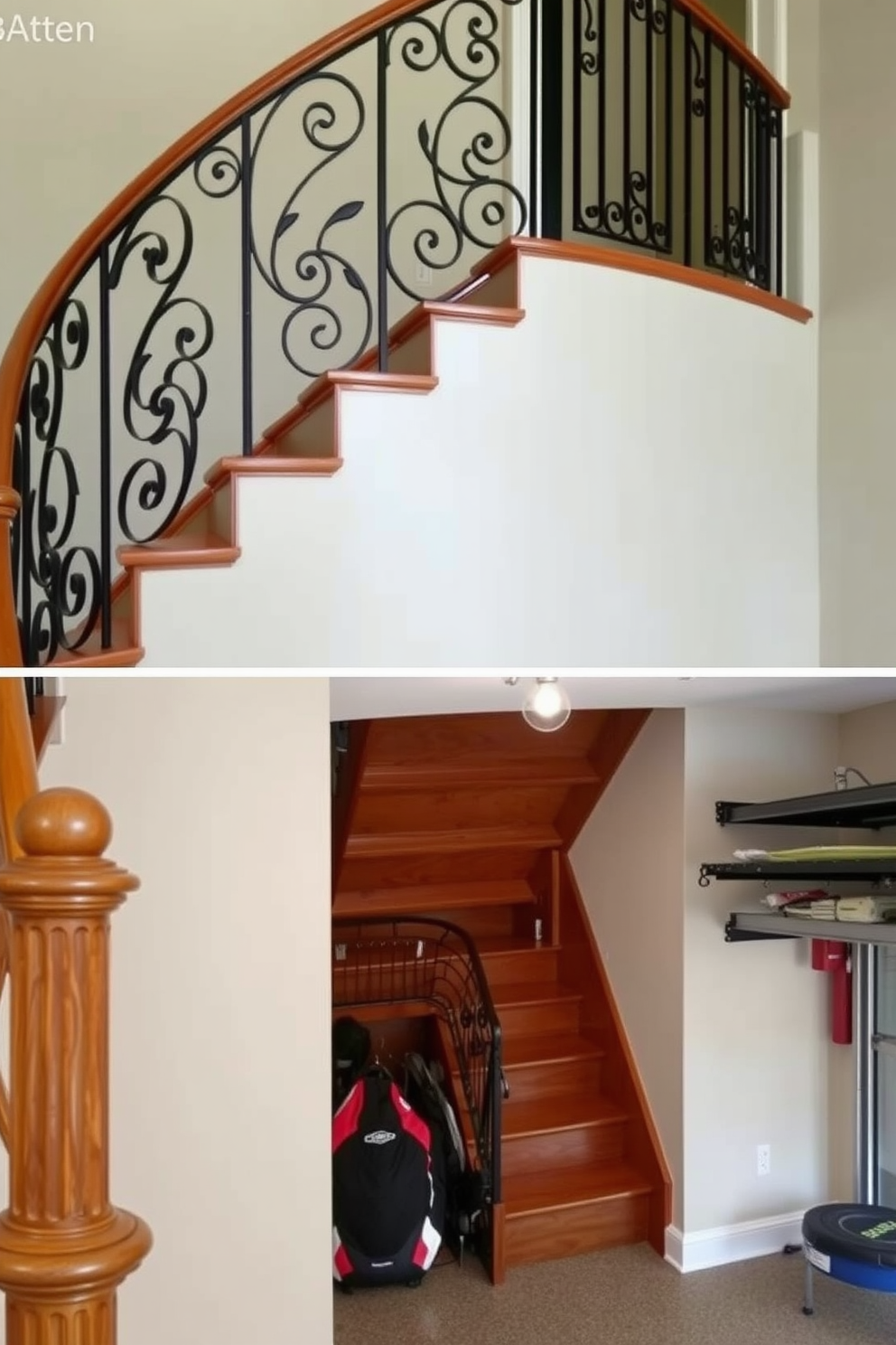 A wrought iron staircase gracefully curves upward, showcasing intricate scrollwork that adds vintage charm to the space. The staircase is flanked by warm wooden railings and features a rich, polished wood landing at the top, creating a welcoming transition. The garage staircase is designed with practicality in mind, featuring durable materials that withstand heavy use. It includes built-in storage solutions beneath the stairs, maximizing space while maintaining a clean and organized look.