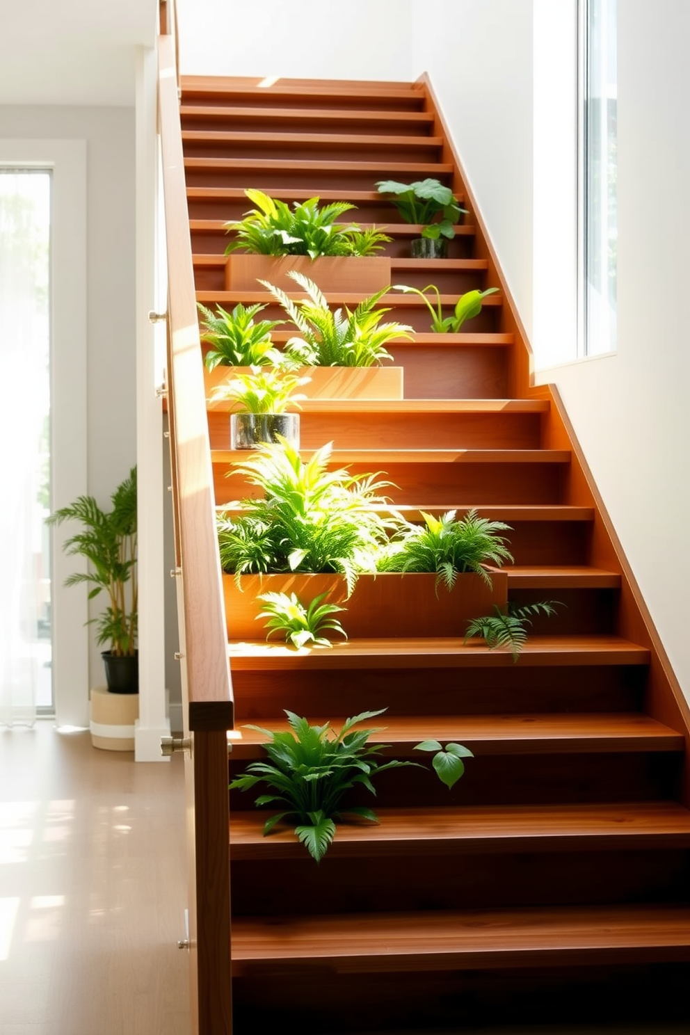 A modern staircase design featuring built-in planters on each landing. The planters are filled with lush greenery, creating a vibrant and inviting atmosphere. The staircase is constructed from sleek wood with a minimalist railing, blending functionality and aesthetics. Natural light floods the area, highlighting the beauty of the plants and enhancing the overall appeal of the space.