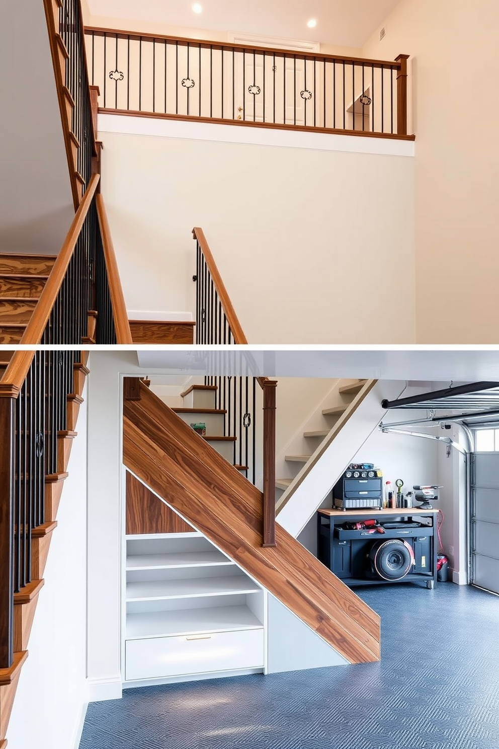 A stunning staircase design that incorporates integrated lighting features. The treads are made of rich hardwood, and the risers are illuminated with soft LED lights that create a warm ambiance. The railing is a sleek glass design that allows light to flow freely. Below the staircase, a modern garage door complements the overall aesthetic, providing functionality and style.