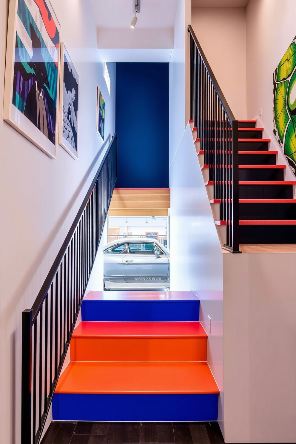 A striking staircase leading to the garage features bold colored steps that create a vibrant focal point. The walls are adorned with contemporary art, enhancing the modern aesthetic of the space.