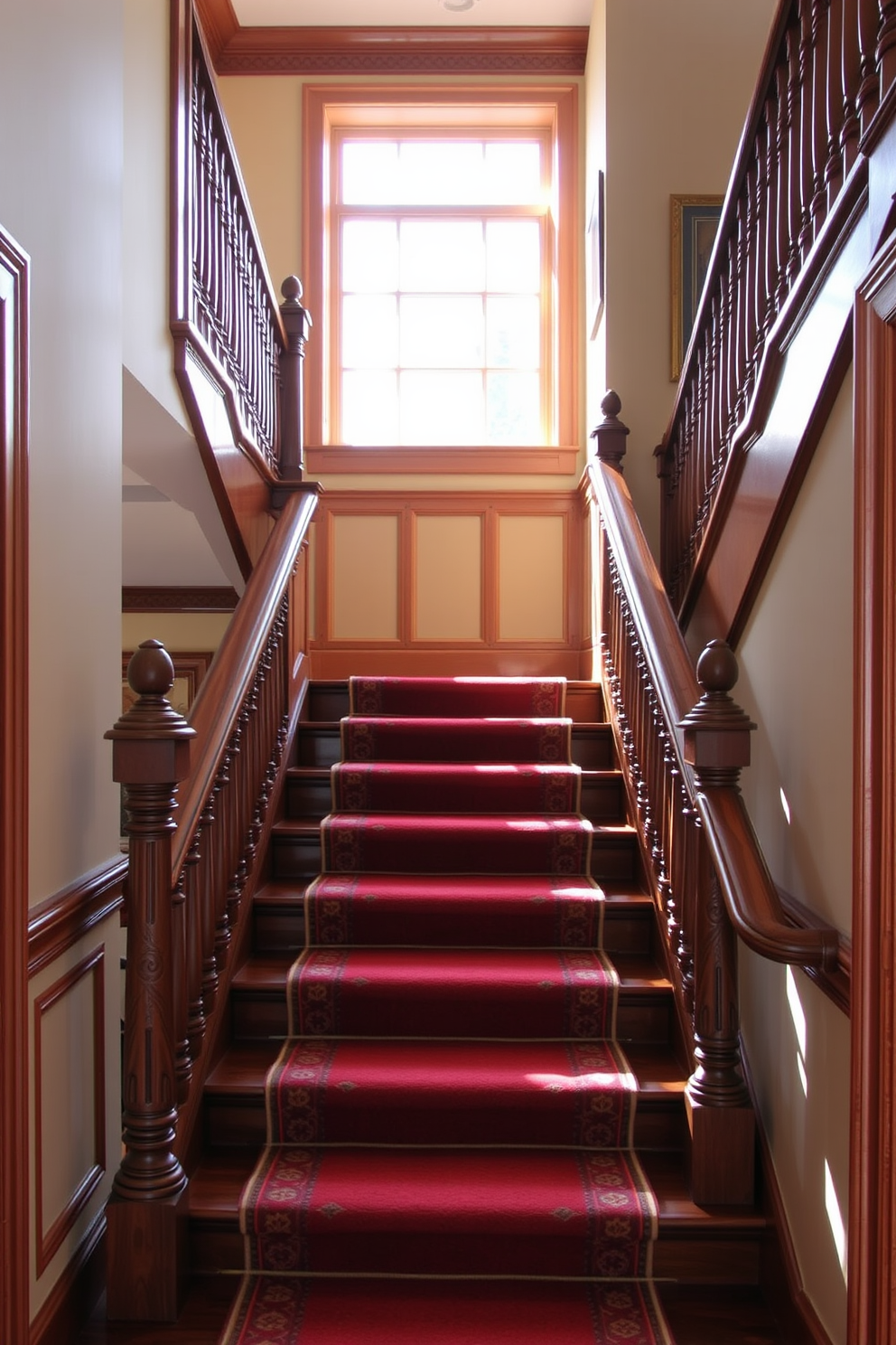 A traditional staircase with intricate woodwork and elegant balusters leads to a beautifully appointed upper landing. The steps are adorned with a rich runner that complements the surrounding decor, creating a warm and inviting atmosphere. The staircase features ornate carvings on the newel posts and a polished handrail that glistens in the light. Natural light pours in from a nearby window, highlighting the craftsmanship and enhancing the overall aesthetic of the space.