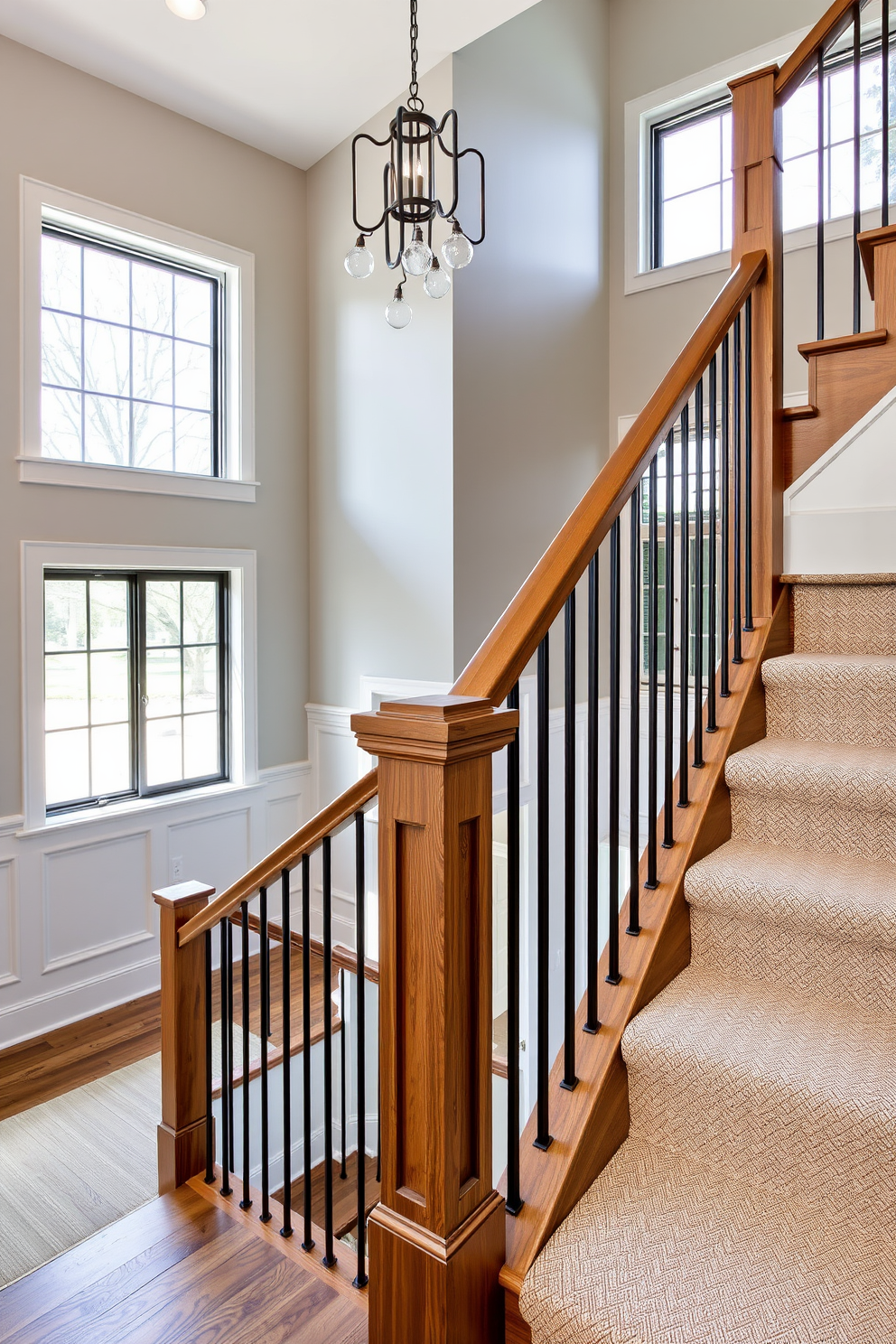 A striking staircase design featuring a spacious landing that adds visual interest. The landing is adorned with decorative elements such as a stylish console table and a statement art piece, enhancing the overall aesthetic of the space. The staircase is designed with sleek wooden treads and a modern railing that complements the surrounding decor. Soft lighting illuminates the staircase, creating an inviting ambiance that highlights the architectural details.