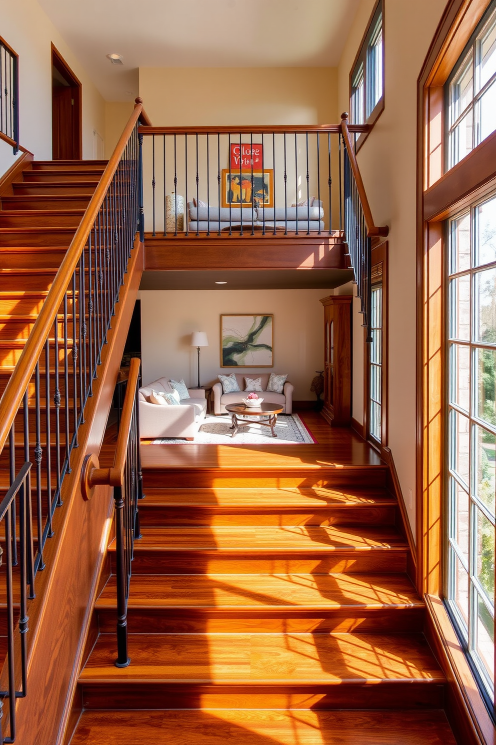 A striking multi-level staircase features sleek wooden steps that cascade elegantly from one level to another. The staircase is complemented by a glass railing that allows light to filter through, creating an airy and open feel. The design incorporates built-in LED lighting along the edges of each step, illuminating the way and enhancing the modern aesthetic. Surrounding the staircase, a minimalist wall showcases a collection of contemporary art pieces, adding personality and vibrancy to the space.