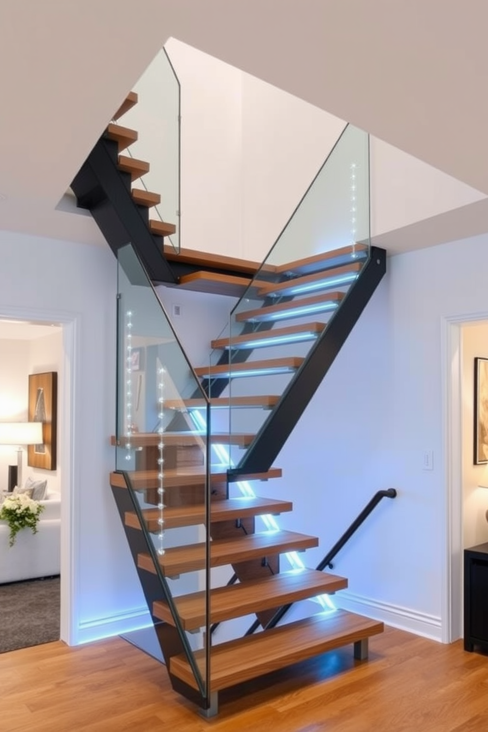 A striking geometric staircase features a series of angular steps that create a dynamic visual impact in the space. The staircase is constructed from a mix of wood and metal, showcasing a modern aesthetic that complements the surrounding decor. The design incorporates open risers to enhance the feeling of spaciousness, while a sleek glass railing provides safety without obstructing views. The staircase is illuminated by strategically placed LED lights that highlight its unique shape and add a touch of sophistication.