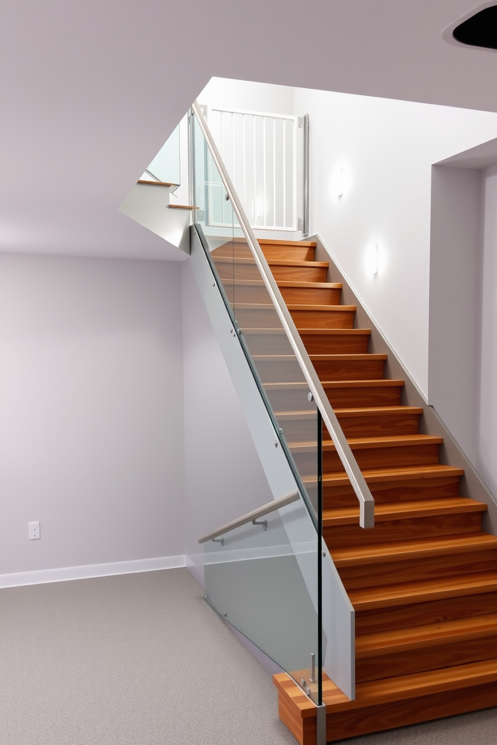 A contemporary staircase with sleek lines showcases a minimalist design aesthetic. The treads are made of polished wood, while the railing features a glass panel that enhances the open feel of the space. The staircase is illuminated by recessed lighting that highlights its elegant curves. A statement piece of artwork is displayed on the wall adjacent to the staircase, adding a touch of personality to the design.