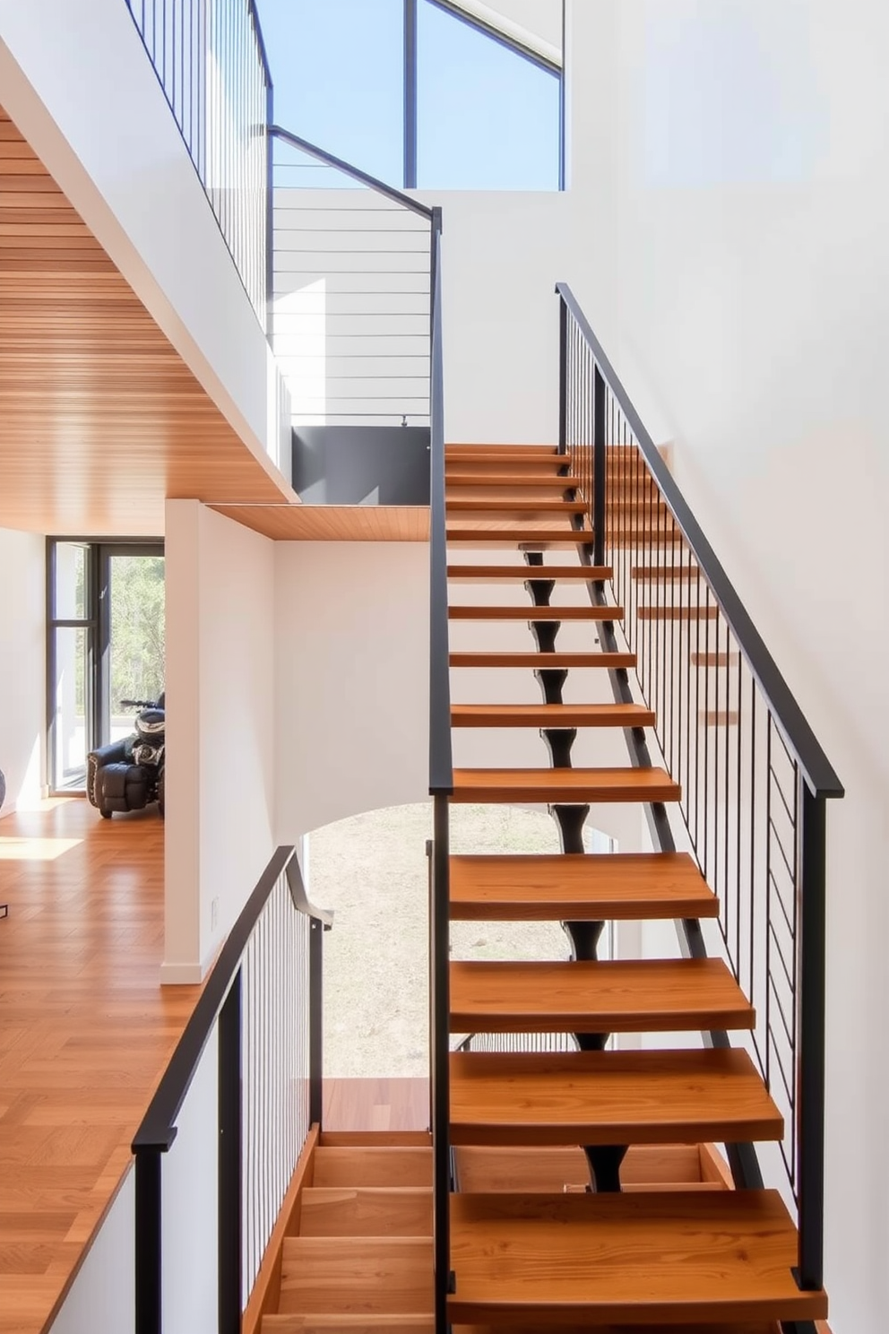 A stunning open riser staircase features sleek wooden treads and a minimalist metal railing. The design emphasizes natural light flowing through the space, creating an airy and contemporary atmosphere. Incorporating a garage staircase, the layout maximizes functionality while maintaining a stylish aesthetic. The staircase is designed with durable materials to withstand everyday use, seamlessly blending with the overall modern theme.