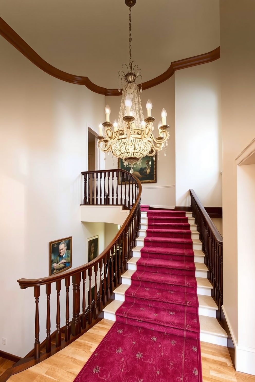 Elegant staircase with a grand chandelier suspended above. The staircase features a polished wooden railing and intricate balusters, leading to a spacious landing adorned with artwork. The walls are painted in a soft cream color, enhancing the light from the chandelier. A plush runner carpet in a rich hue adds warmth and texture to the staircase.