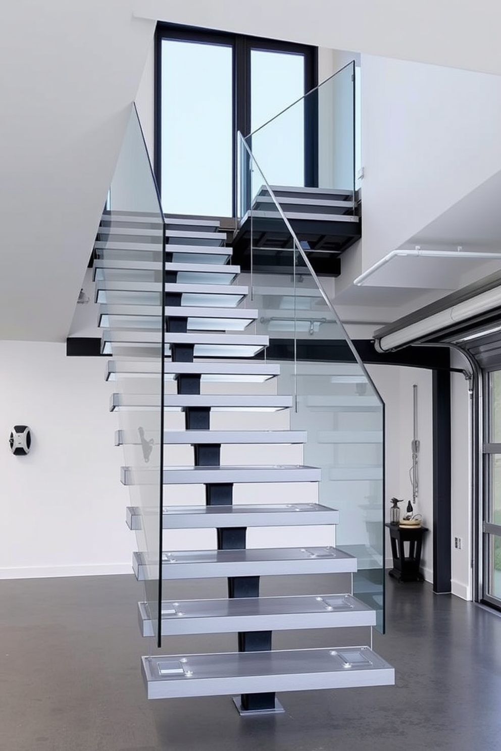 A stunning garage staircase featuring sleek floating stairs with minimalist glass panels. The design emphasizes open space and modern aesthetics, creating an airy and light-filled environment.