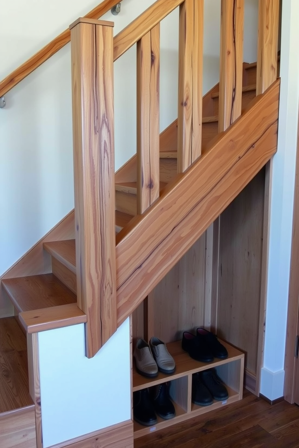 A rustic wooden staircase features sturdy handrails made of reclaimed wood, showcasing a natural finish that highlights the grain. Beneath the staircase, built-in storage solutions blend seamlessly, offering a practical yet stylish way to organize shoes and outdoor gear.