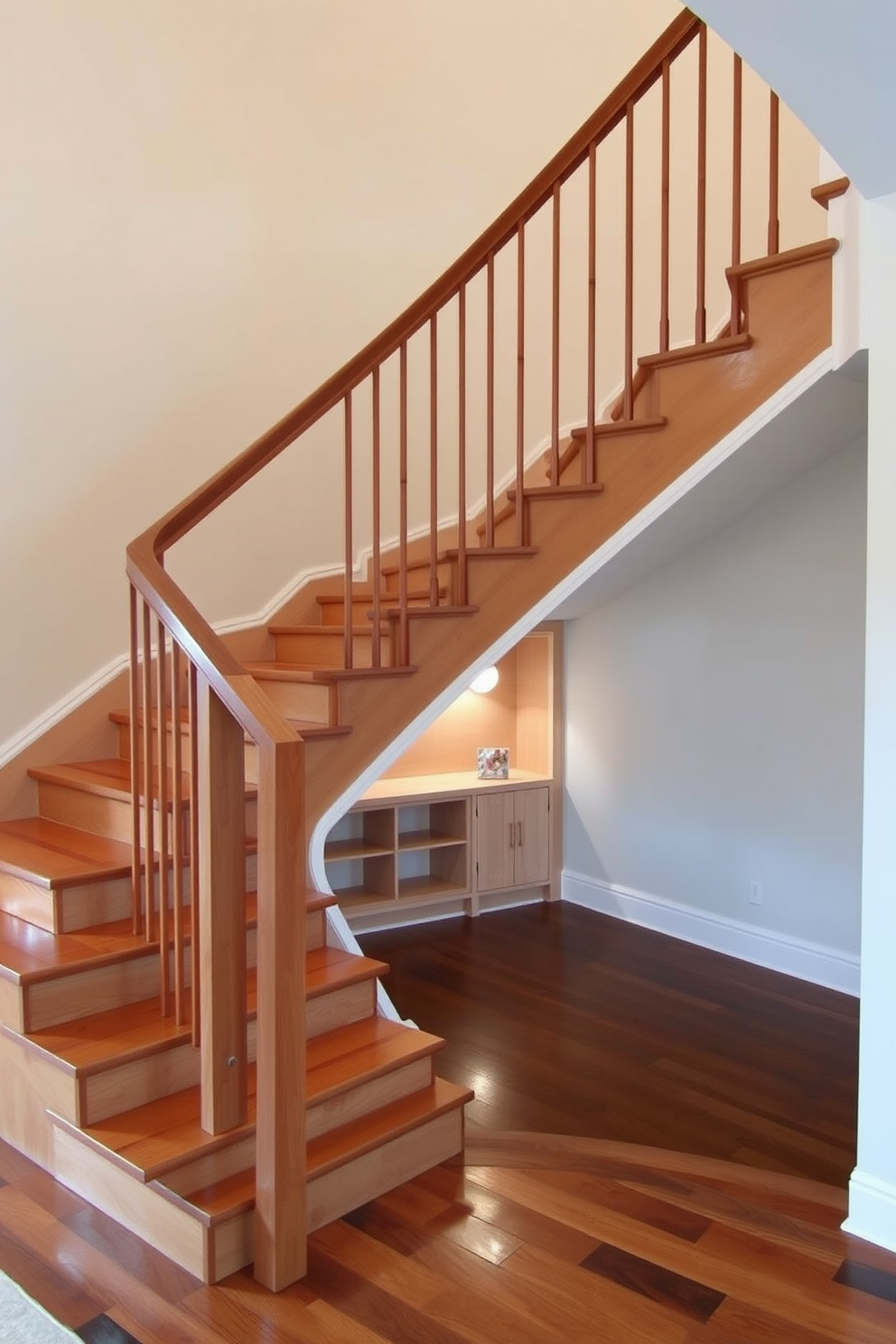 An elegant L-shaped staircase designed for a corner space features a sleek wooden railing and polished hardwood steps that create a warm ambiance. The walls are painted in a soft neutral tone, enhancing the staircase's modern lines and inviting feel. Incorporating clever storage solutions beneath the staircase, such as built-in shelves or a cozy reading nook, maximizes functionality without sacrificing style. Ambient lighting fixtures are strategically placed to illuminate the staircase, adding a touch of sophistication to the overall design.