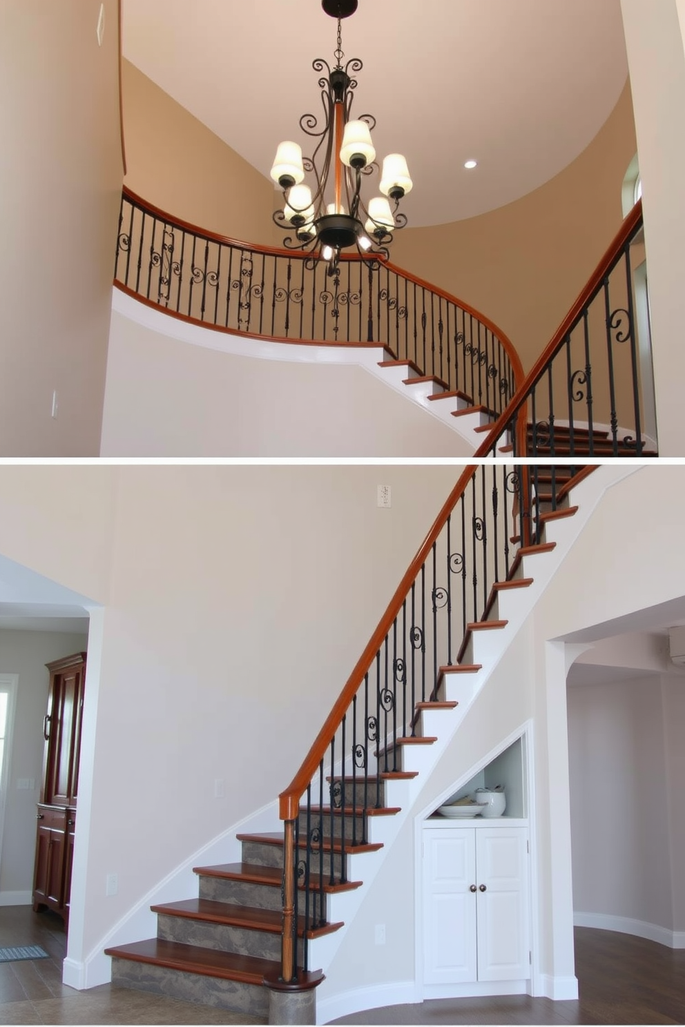 Curved staircase that gracefully sweeps upward, featuring a polished wooden handrail and elegant wrought iron balusters. The staircase is illuminated by a stunning chandelier overhead, creating a welcoming atmosphere for the entryway. Garage staircase design that maximizes space while providing easy access to upper levels. The staircase is designed with durable materials, incorporating built-in storage solutions beneath the steps for added functionality.