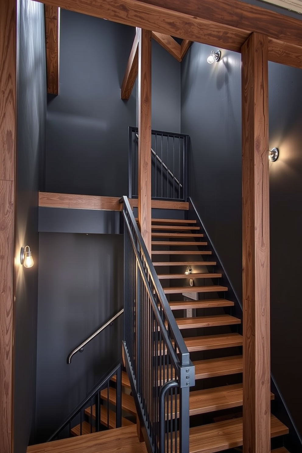 Industrial style stairs feature raw materials and a bold aesthetic. The staircase is constructed with metal railings and wooden treads, showcasing exposed beams that add character to the space. The walls are painted in a dark gray tone, complementing the industrial theme. Ambient lighting fixtures are installed along the staircase to enhance the overall design and create a welcoming atmosphere.