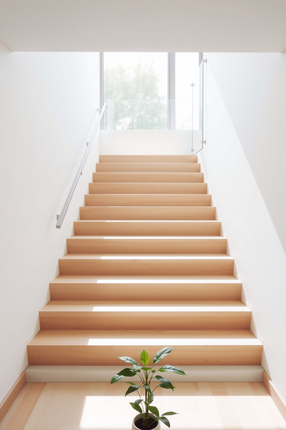 A minimalist staircase with a sleek design features clean lines and a neutral color palette. The steps are made of light wood, and the railing is a simple glass panel that enhances the airy feel of the space. The staircase is illuminated by natural light streaming in from a large window above. Below, the area is kept uncluttered, with a small potted plant at the base to add a touch of greenery.