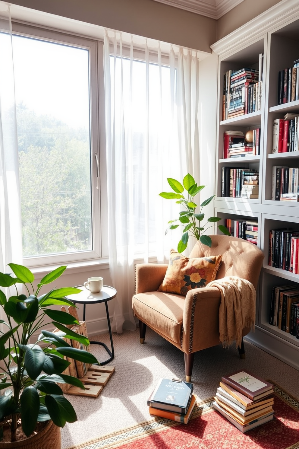 A cozy reading nook by the window features a plush armchair in soft fabric with a warm throw draped over one side. A small side table holds a steaming cup of tea and a stack of well-loved books, while natural light pours in from the large window adorned with sheer curtains. The walls are lined with built-in bookshelves filled with an eclectic mix of novels and decorative items. A vibrant indoor plant adds a touch of greenery, creating a serene atmosphere perfect for enjoying quiet moments with a good book.